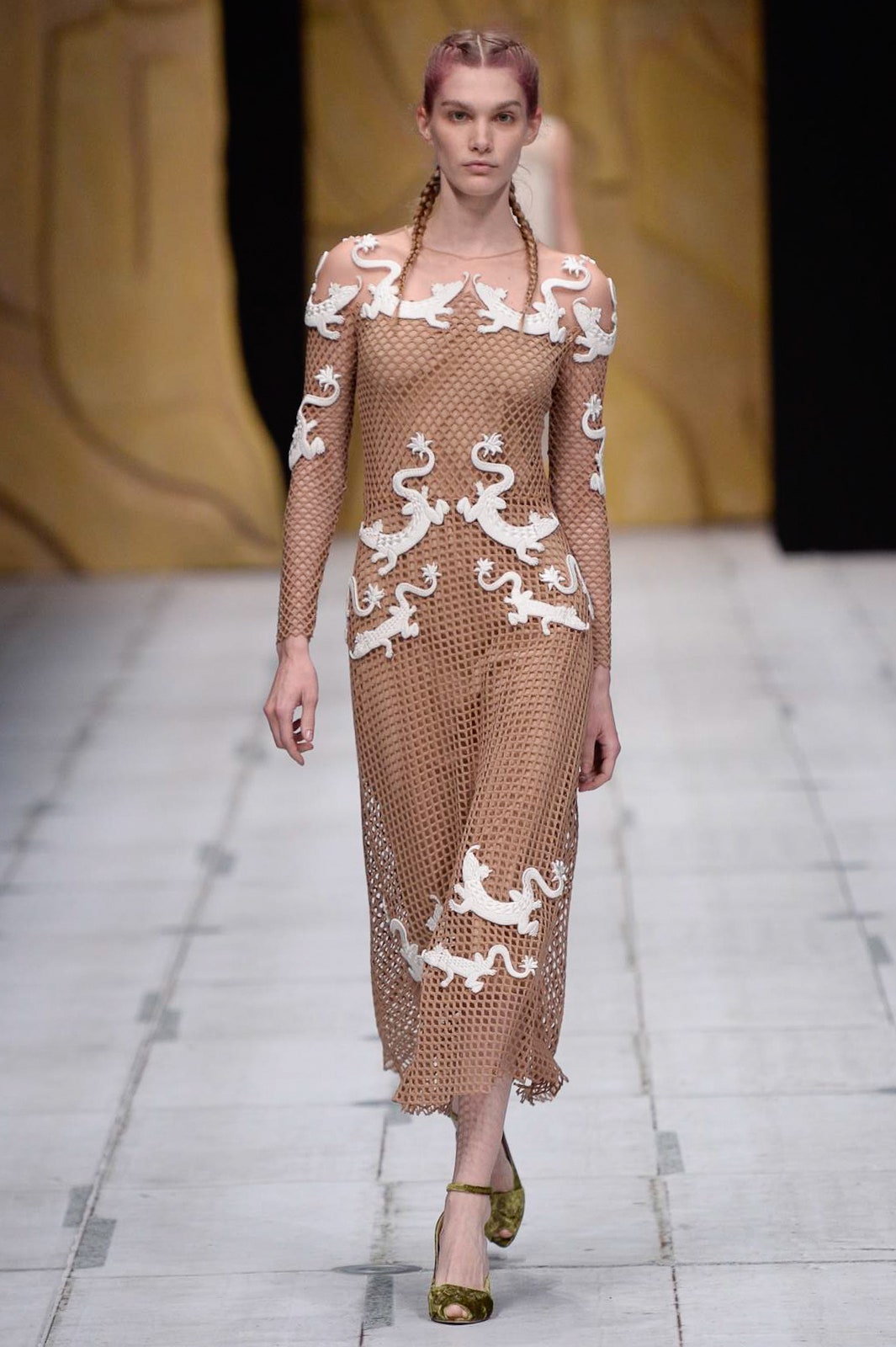 beige lace off-shoulder dress