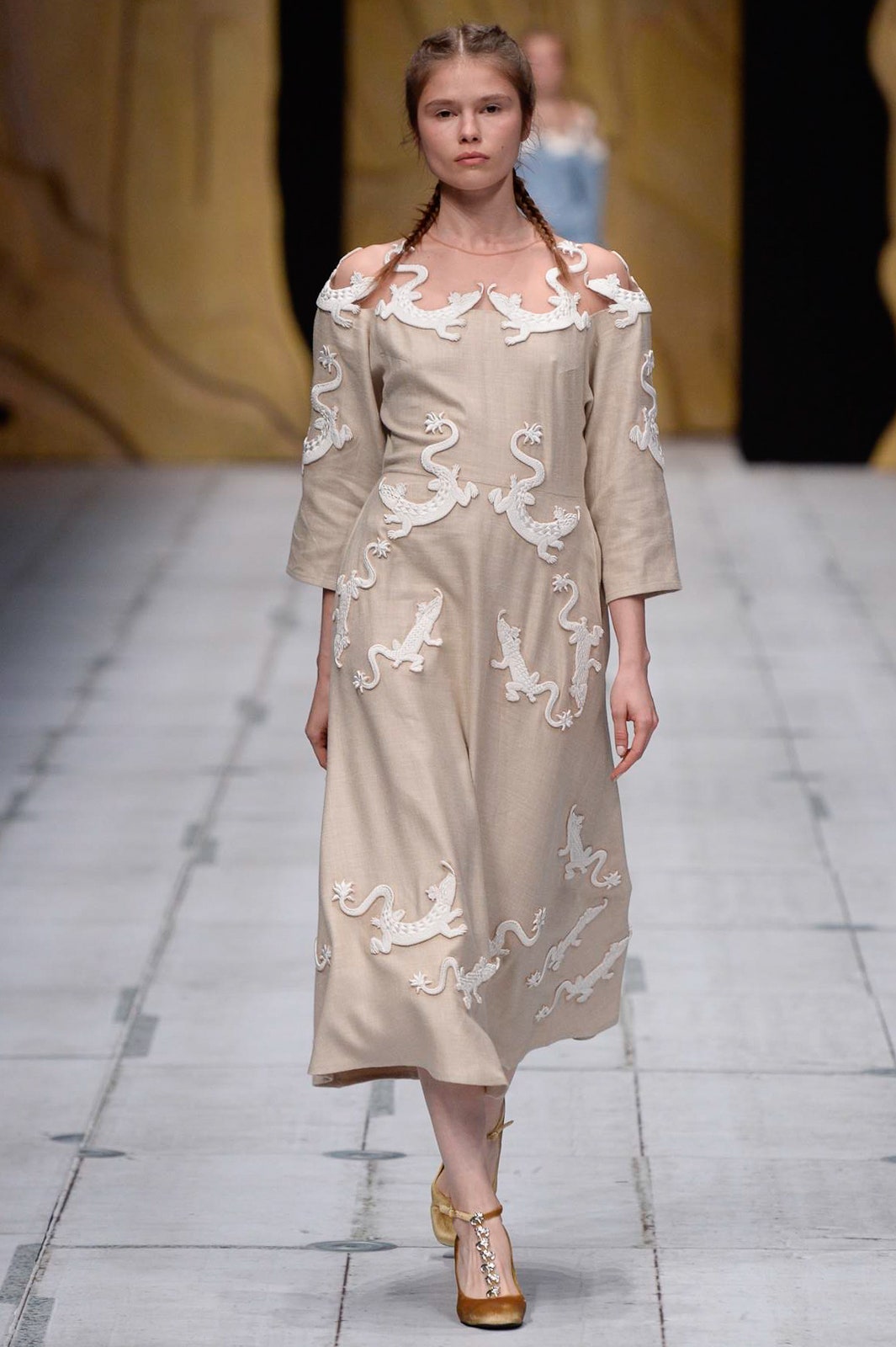 beige embroidered off-shoulder dress