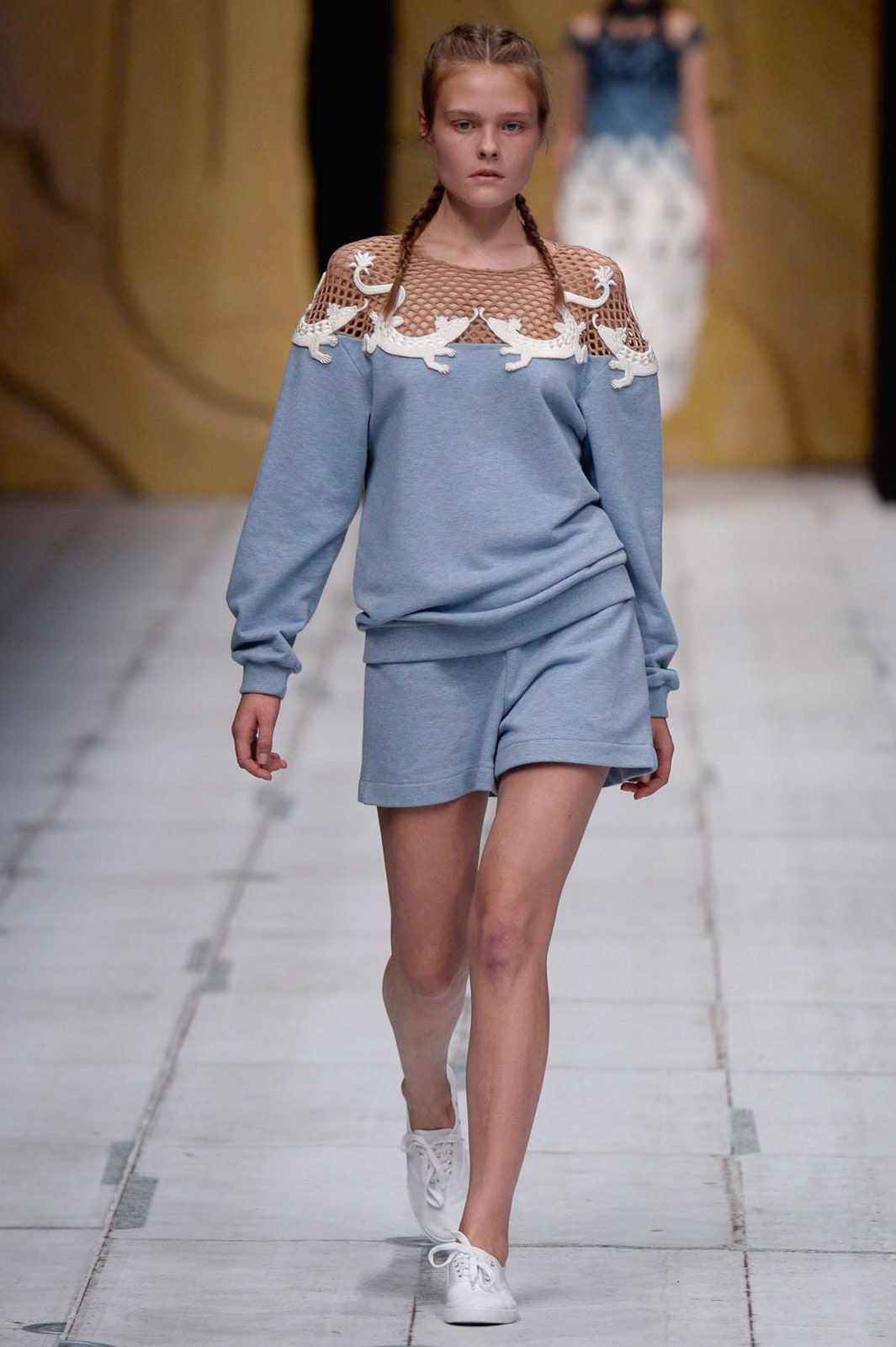 blue relaxed sweater and shorts