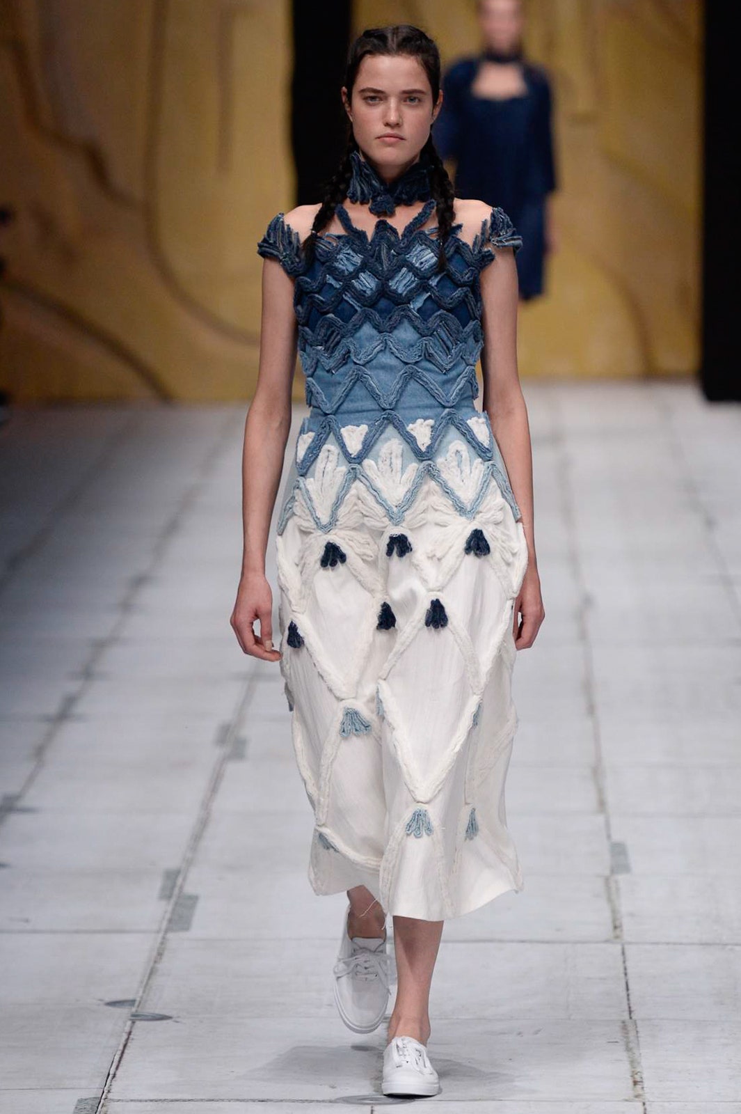 blue and white pleated dress