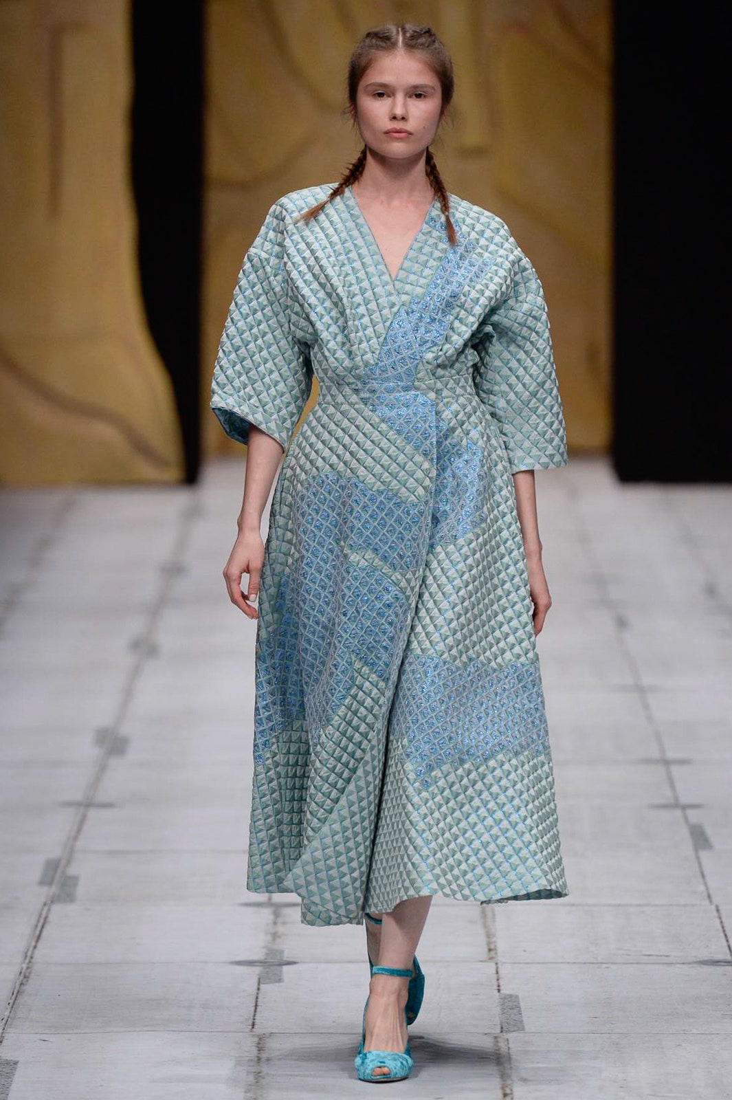 blue green quilted midi dress