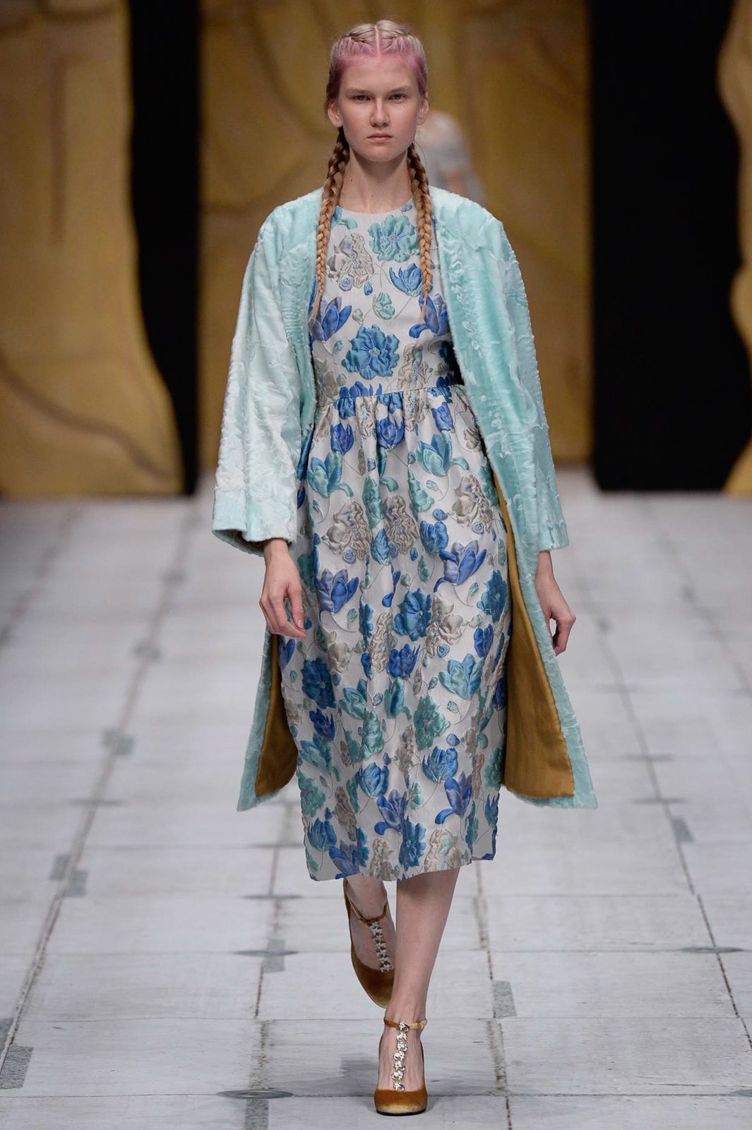 floral midi dress with light blue coat