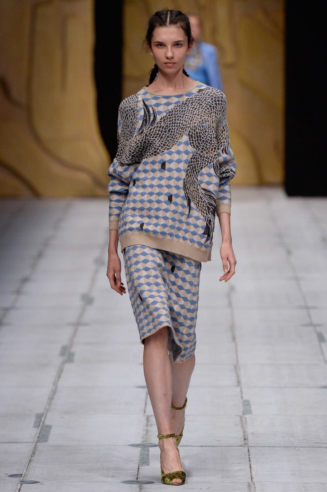blue and beige printed midi dress