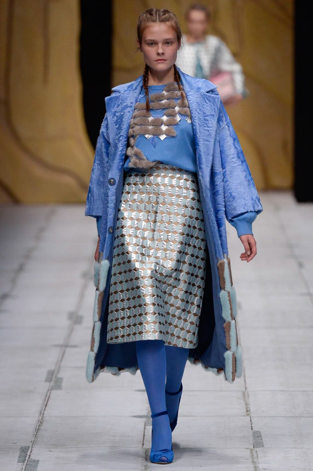 blue silk coat with pleated skirt