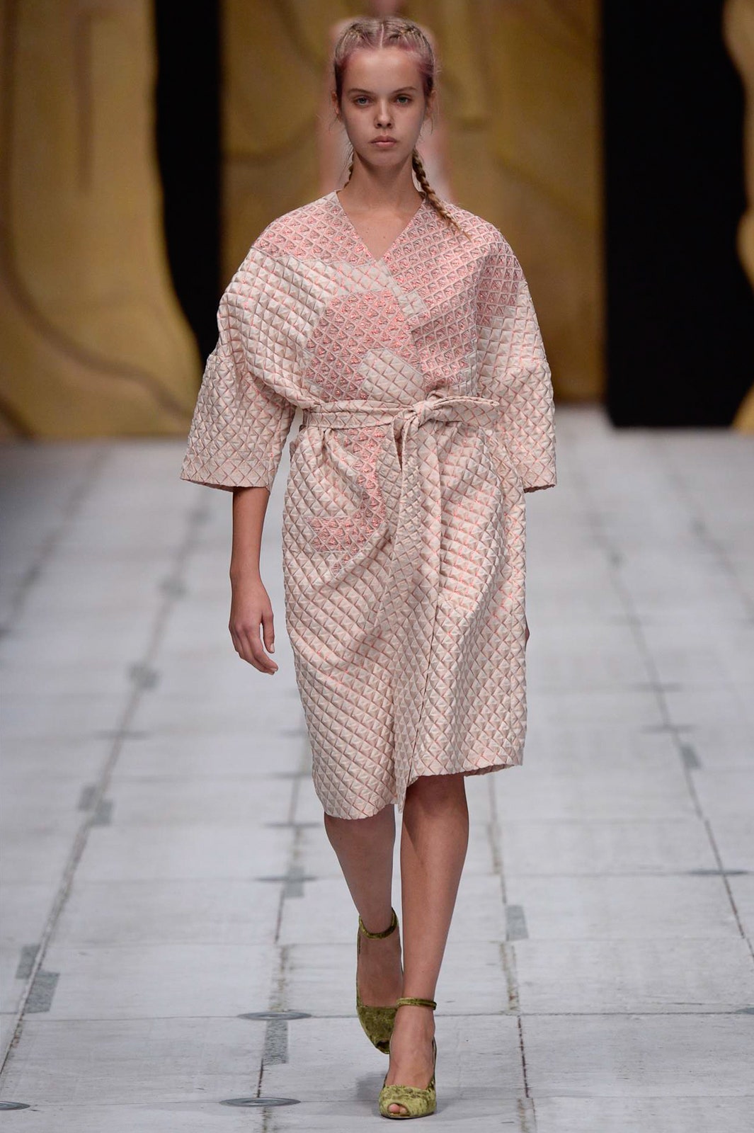pink beige quilted belted dress