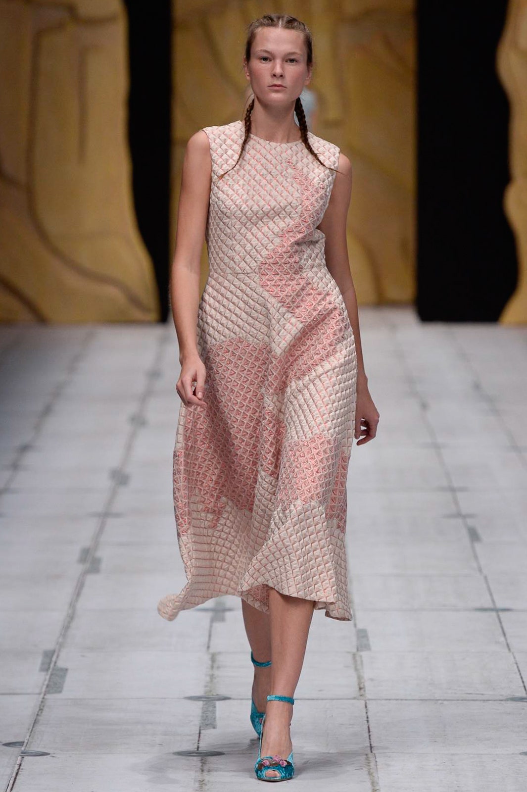pink beige pleated midi dress