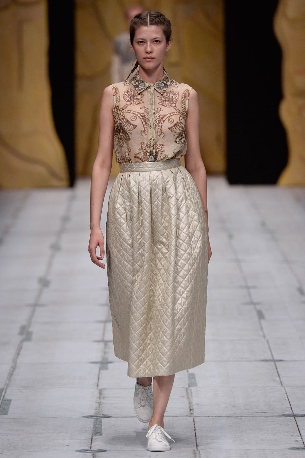 beige embroidered blouse gold midi skirt