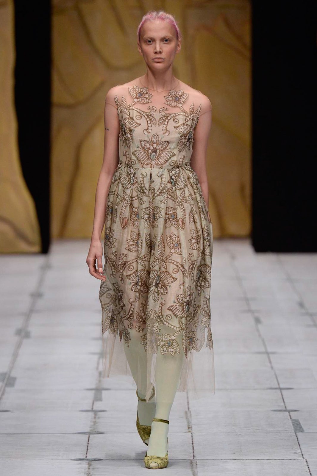 beige gold embroidered midi dress