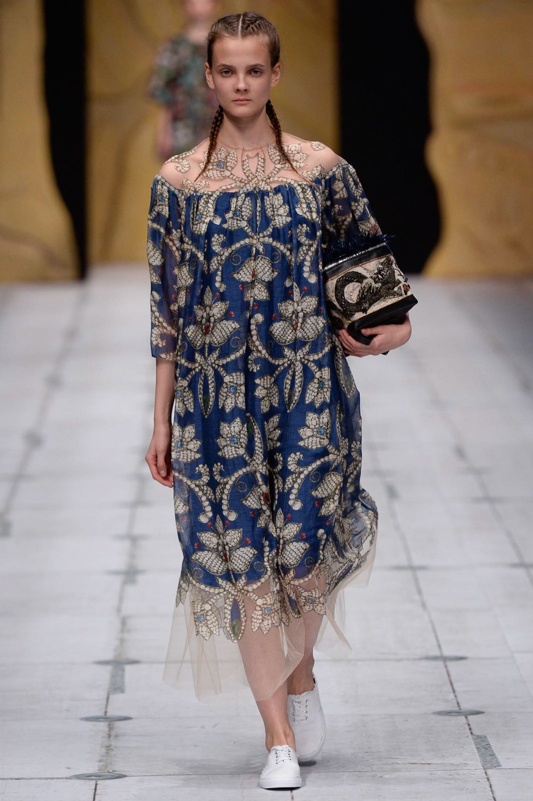 blue embroidered off-shoulder dress