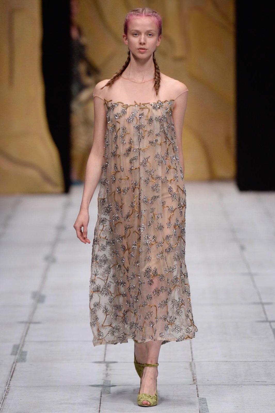 beige silk sleeveless embroidered dress