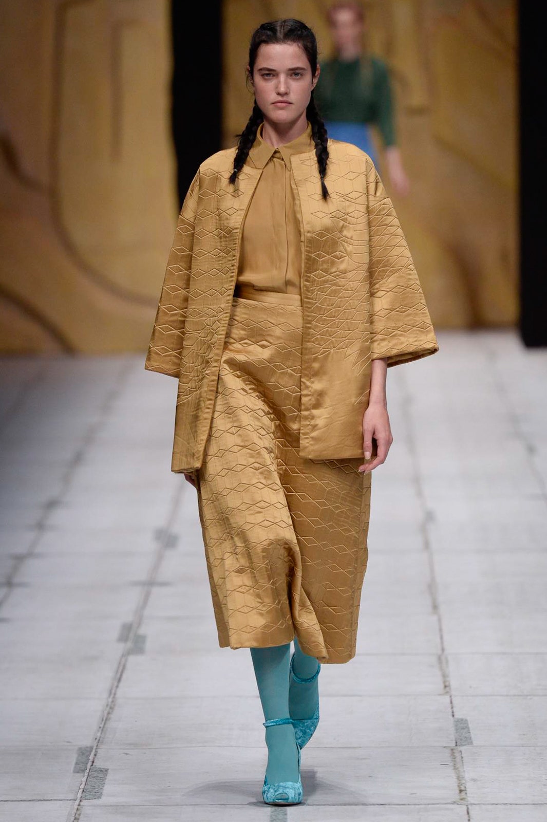 gold silk midi dress with coat