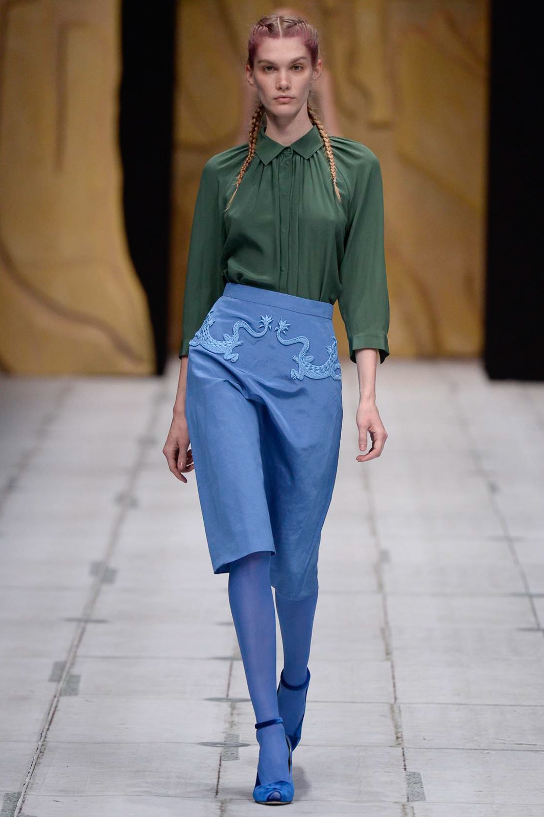 green shirt blue skirt outfit