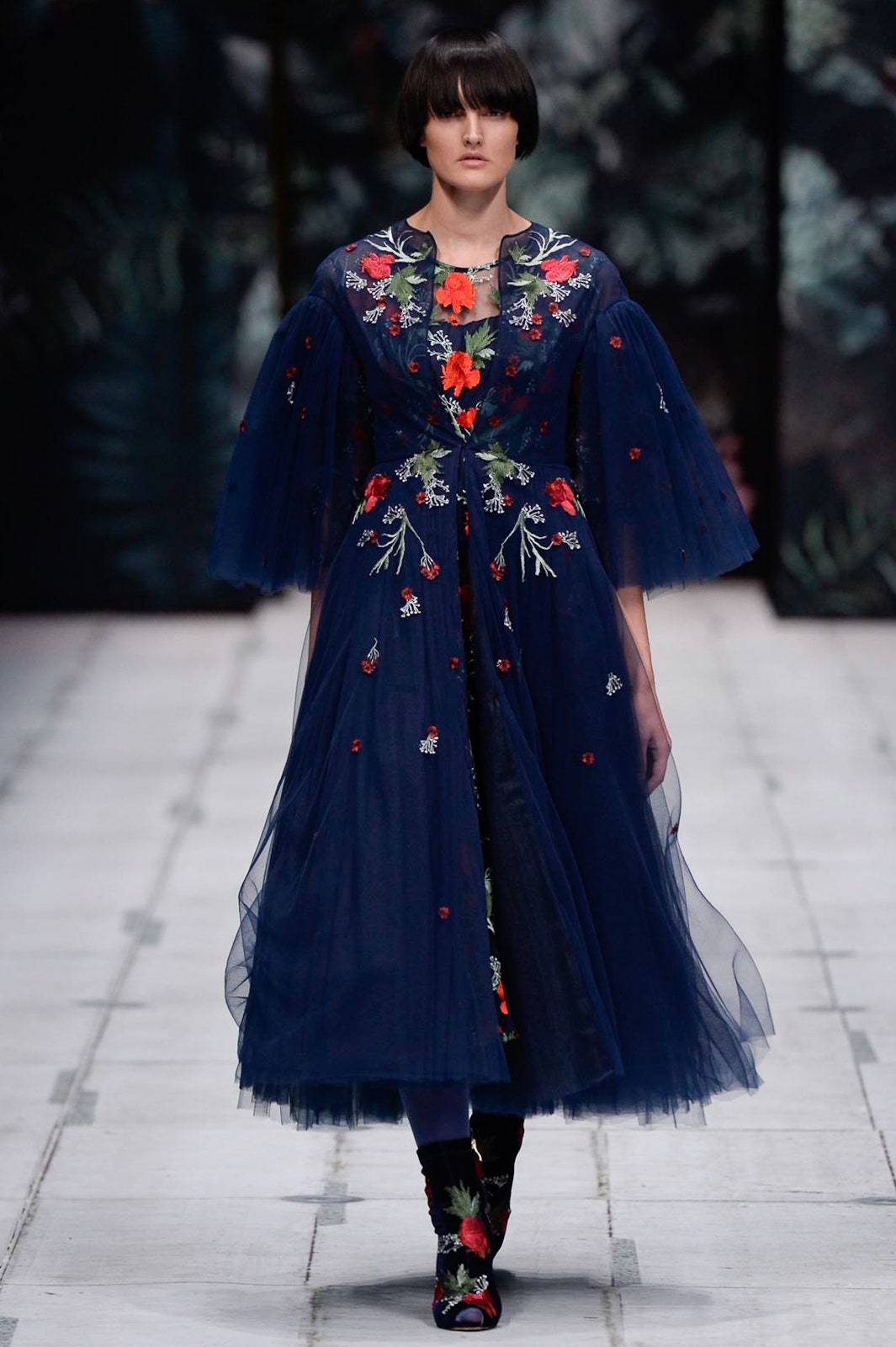 navy embroidered midi dress