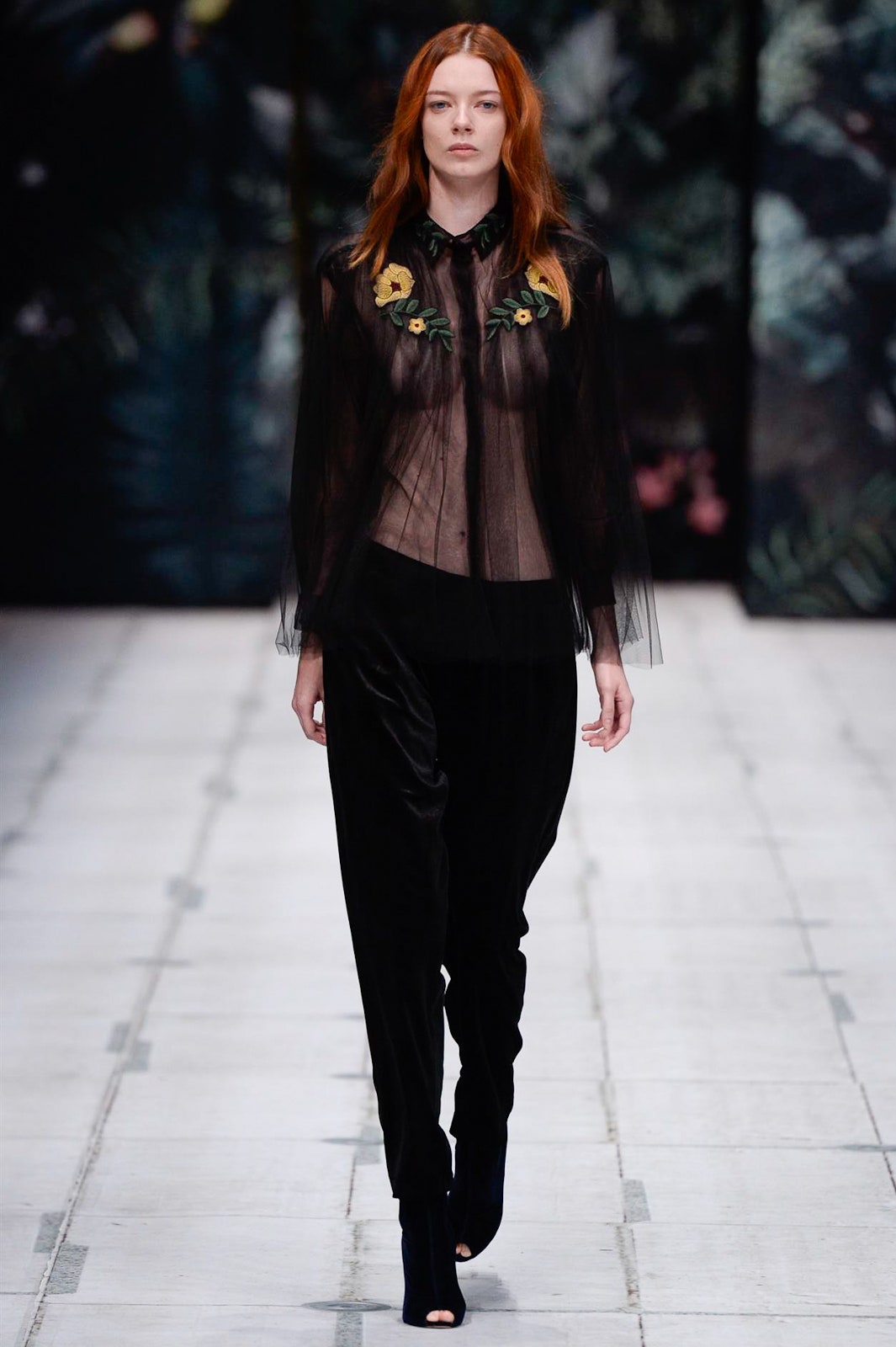 black sheer blouse and velvet pants
