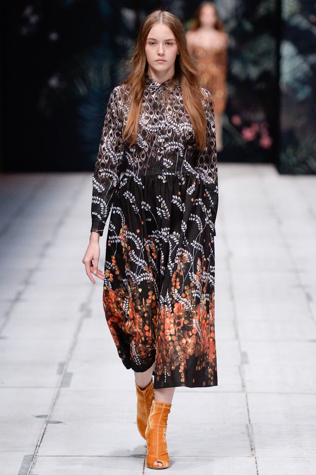 black printed midi dress with orange shoes
