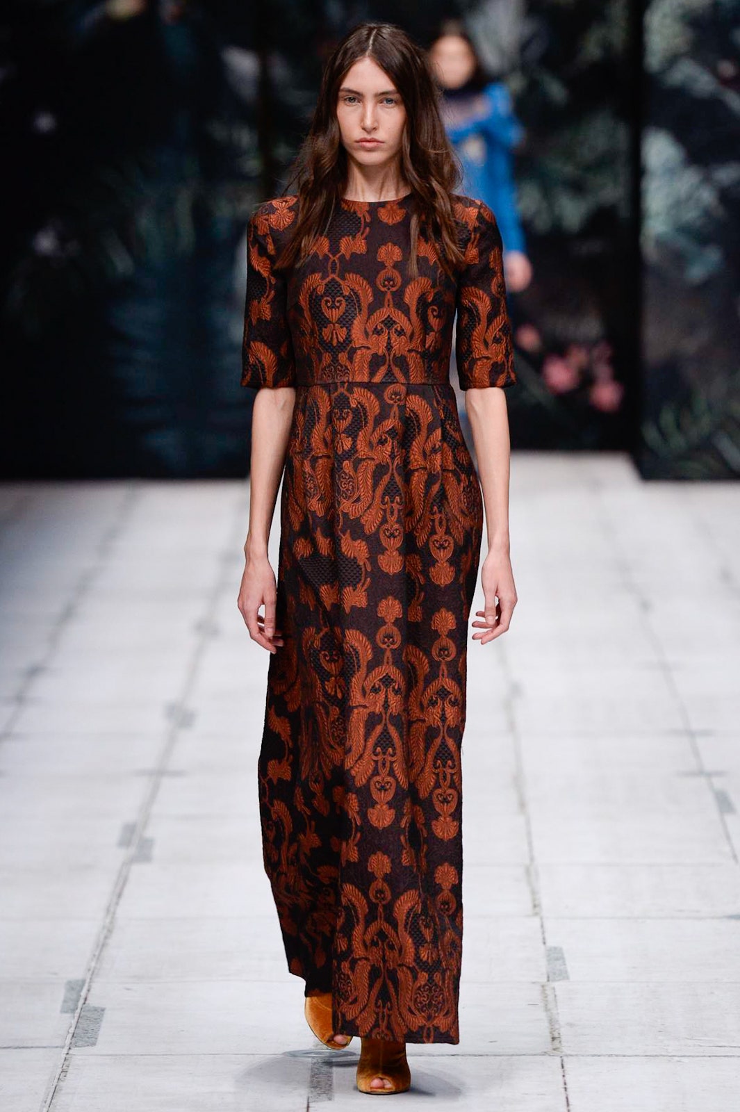 black and orange printed maxi dress