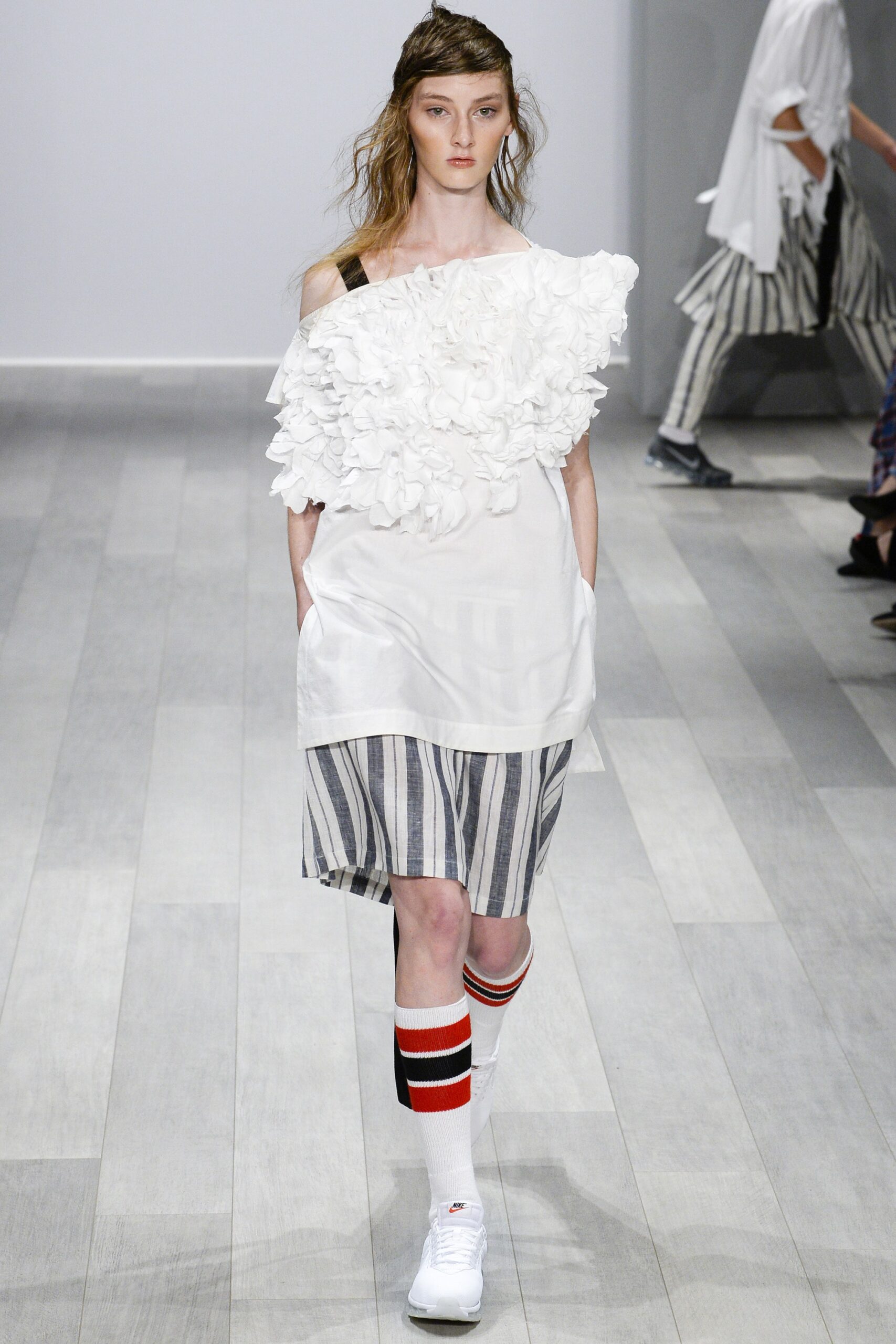 white cotton sleeveless off-shoulder relaxed striped ruffled dress