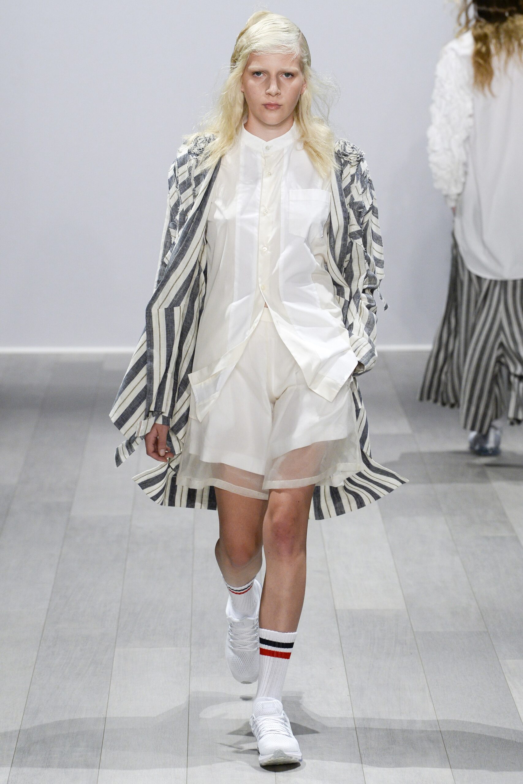 white cotton long-sleeve collared relaxed striped buttoned coat