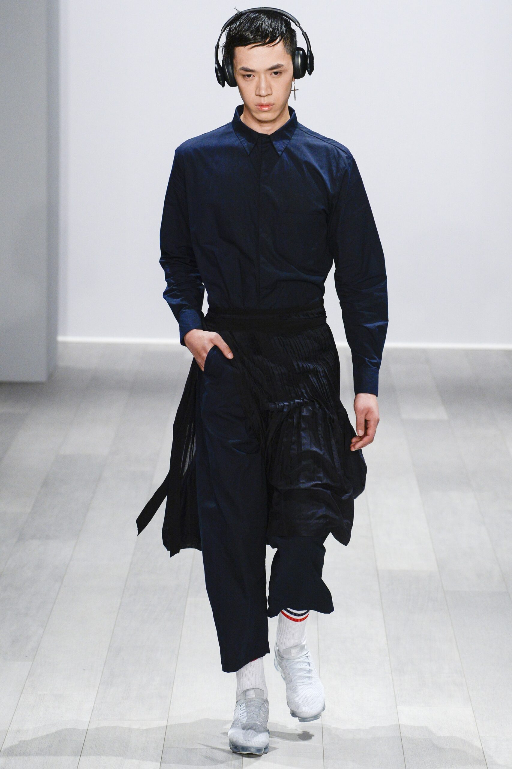 blue relaxed shirt with black pants