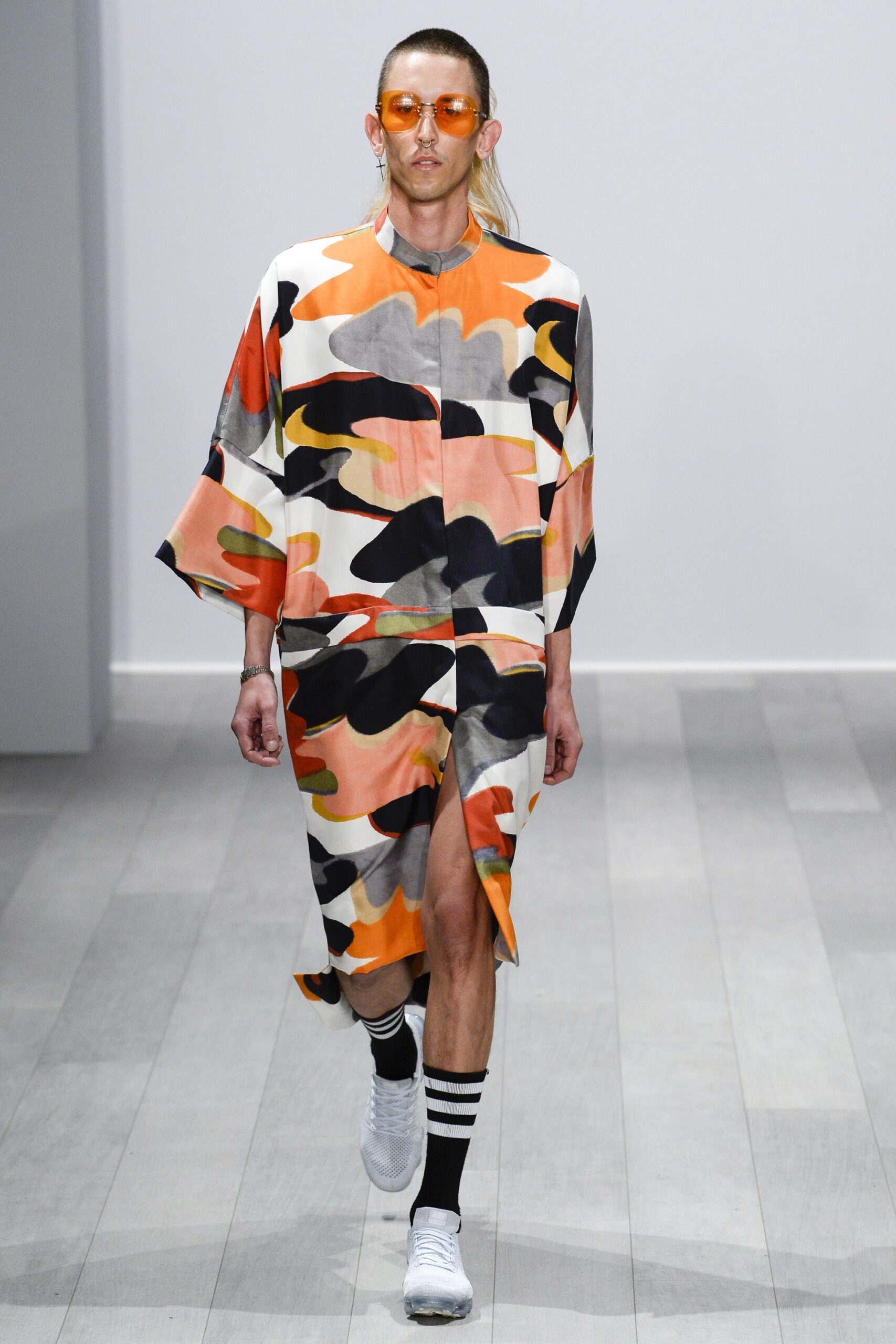 orange silk long-sleeve collared relaxed printed midi dress