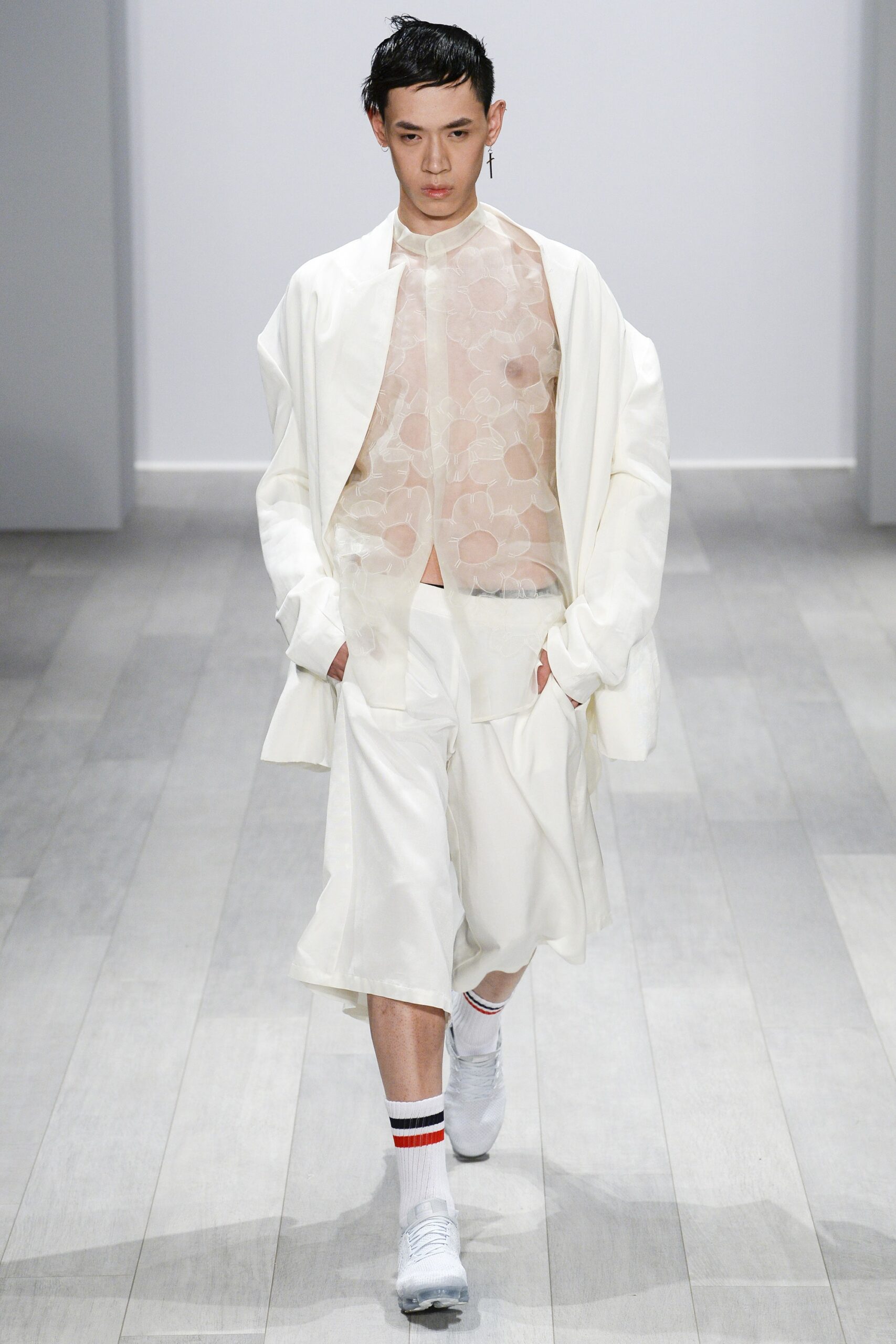 white silk long-sleeve collared relaxed layered sheer jacket