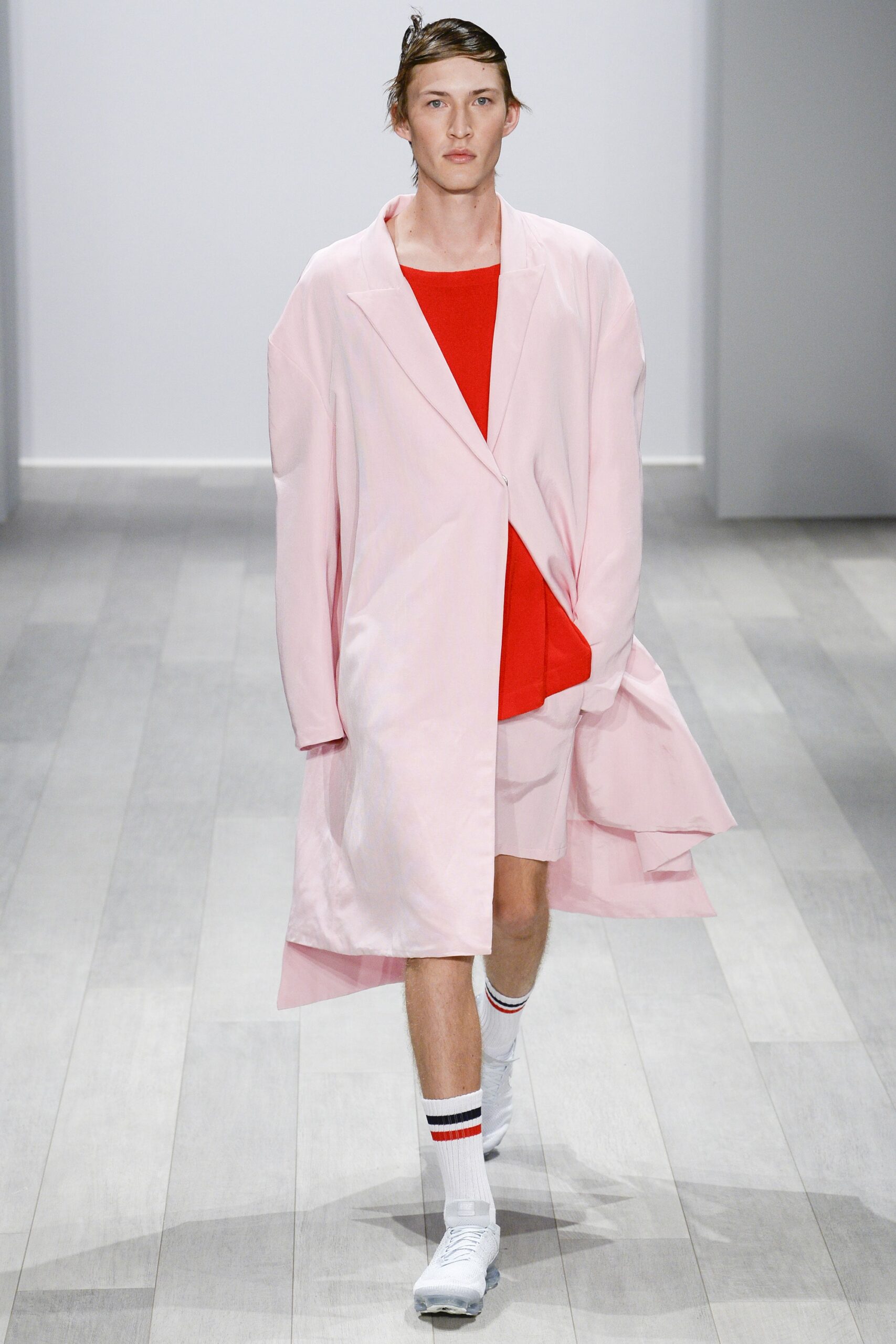pink long-sleeve collared oversized draped coat