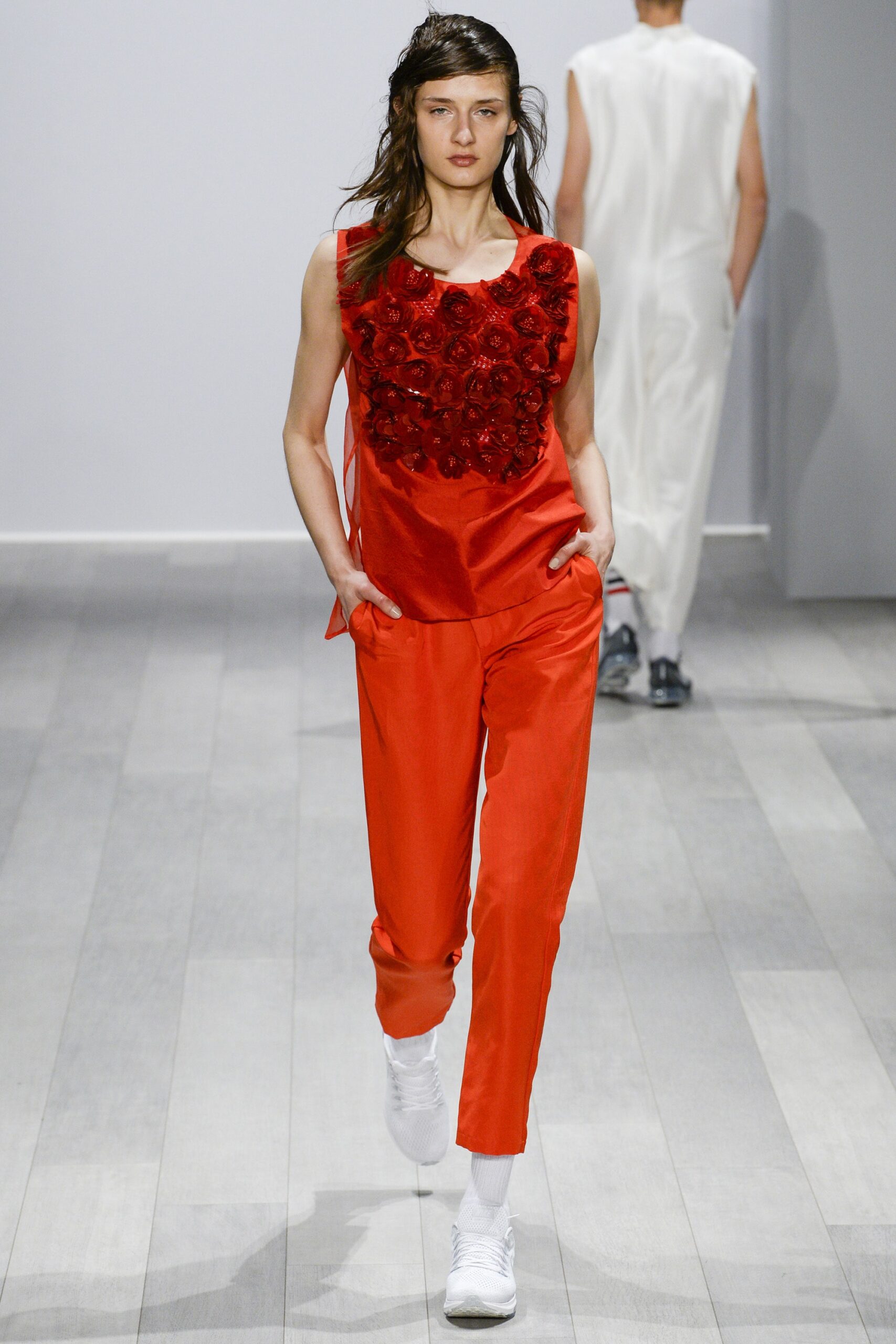 red silk top and pants
