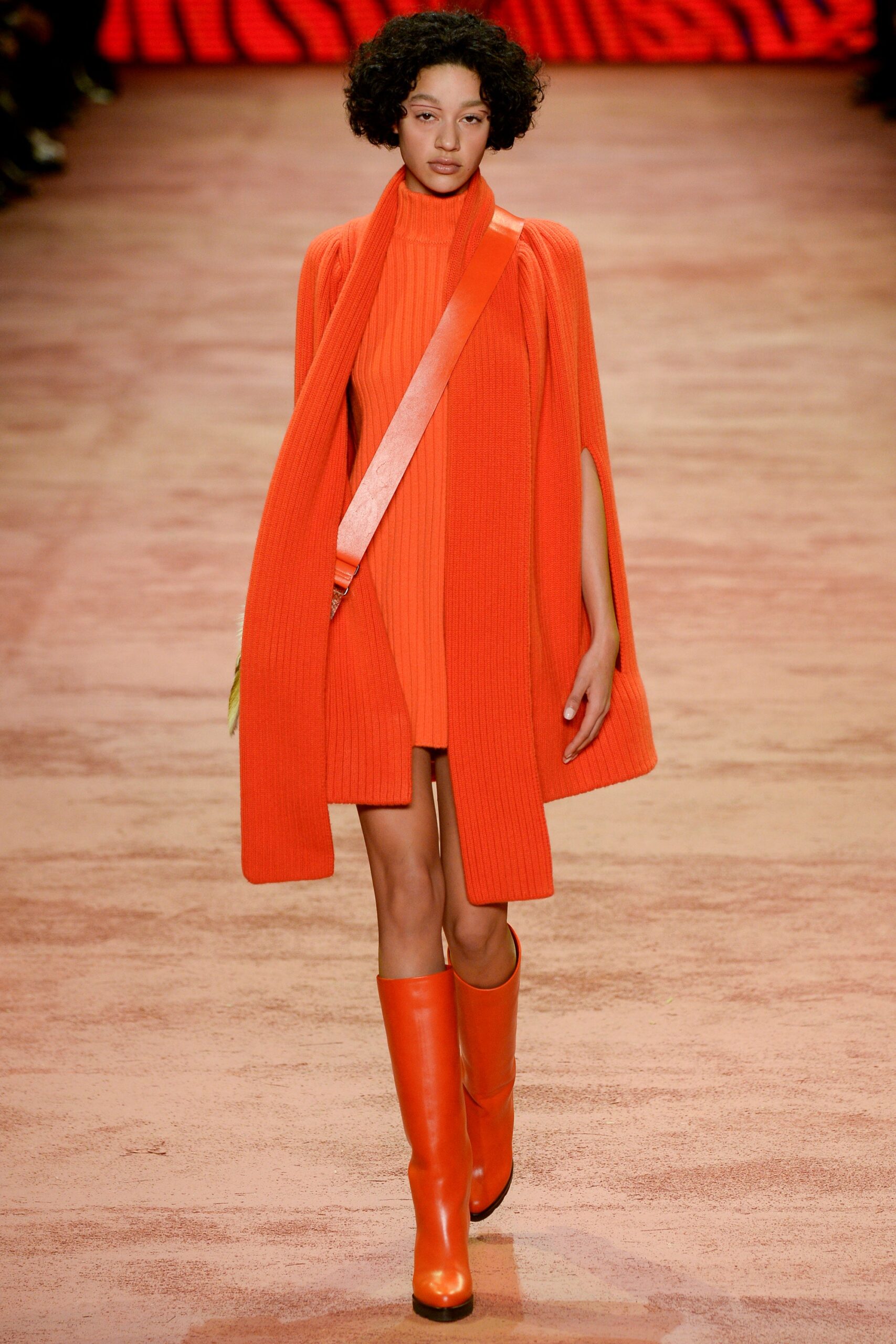 orange wool sleeveless high-neck fitted ribbed mini dress