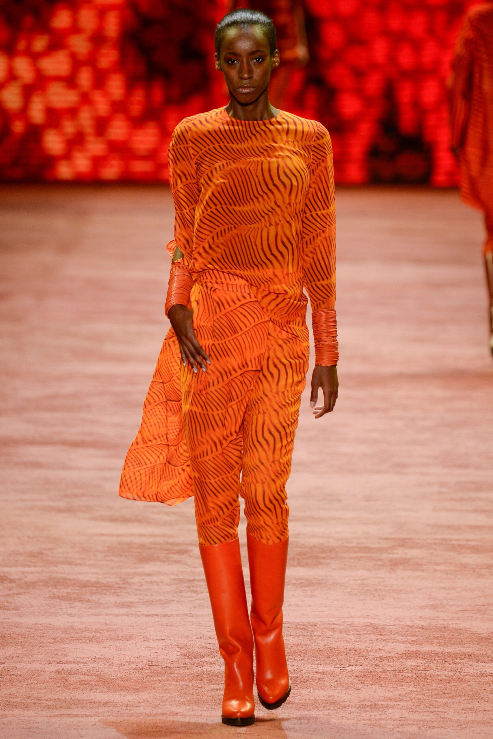 orange silk fitted printed pants