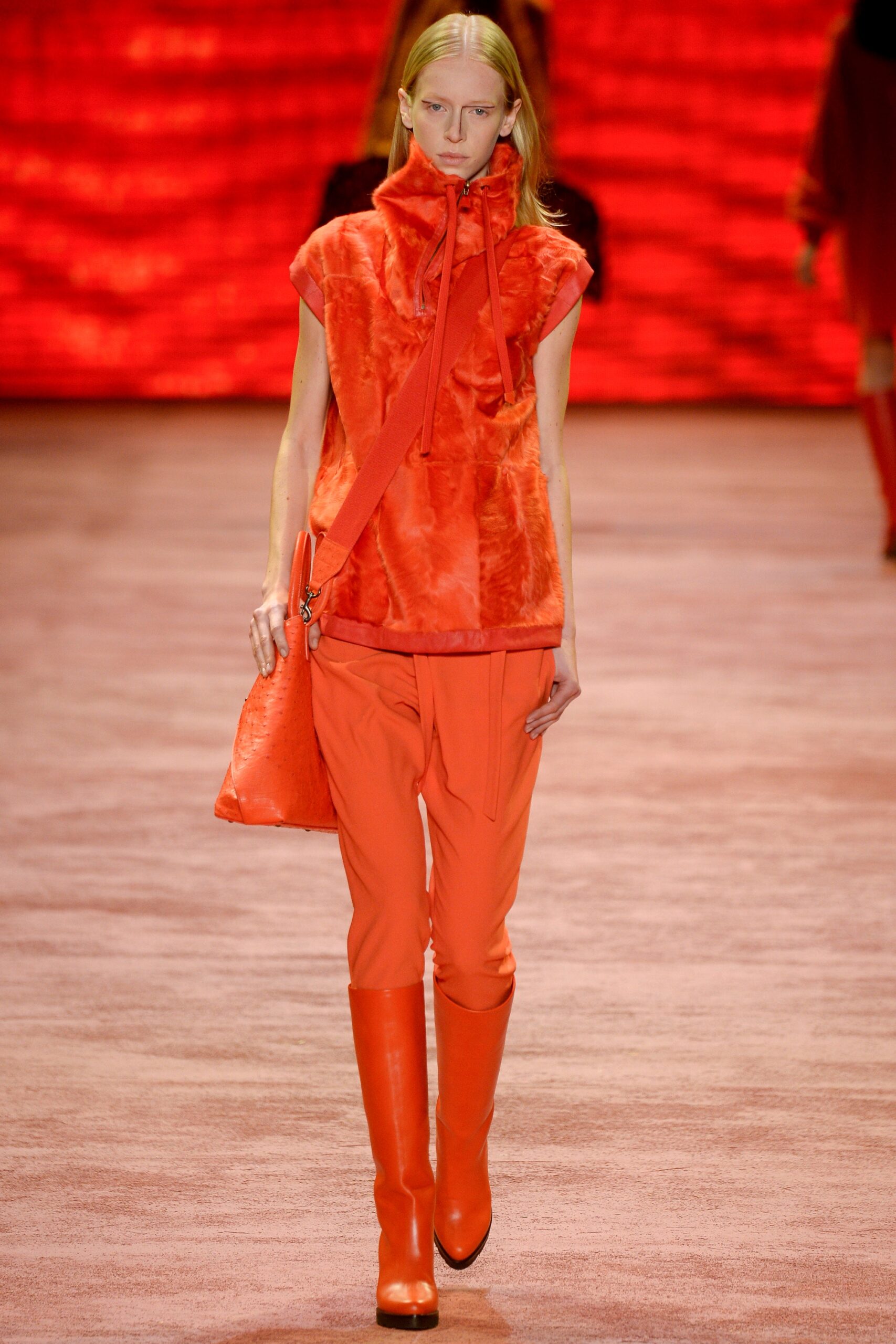 orange faux-fur sleeveless high-neck relaxed top