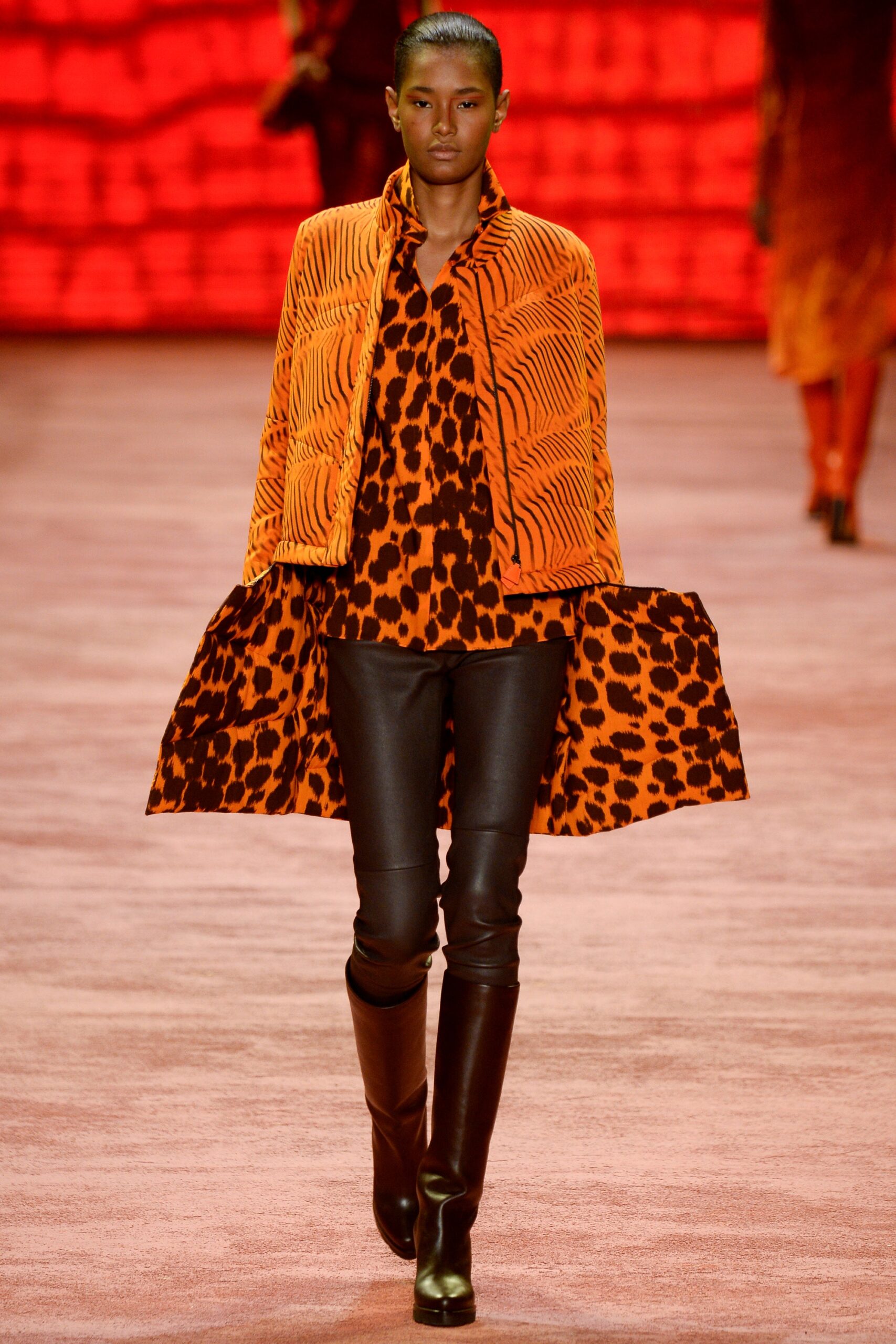 orange cotton long-sleeve collared fitted zippered printed coat