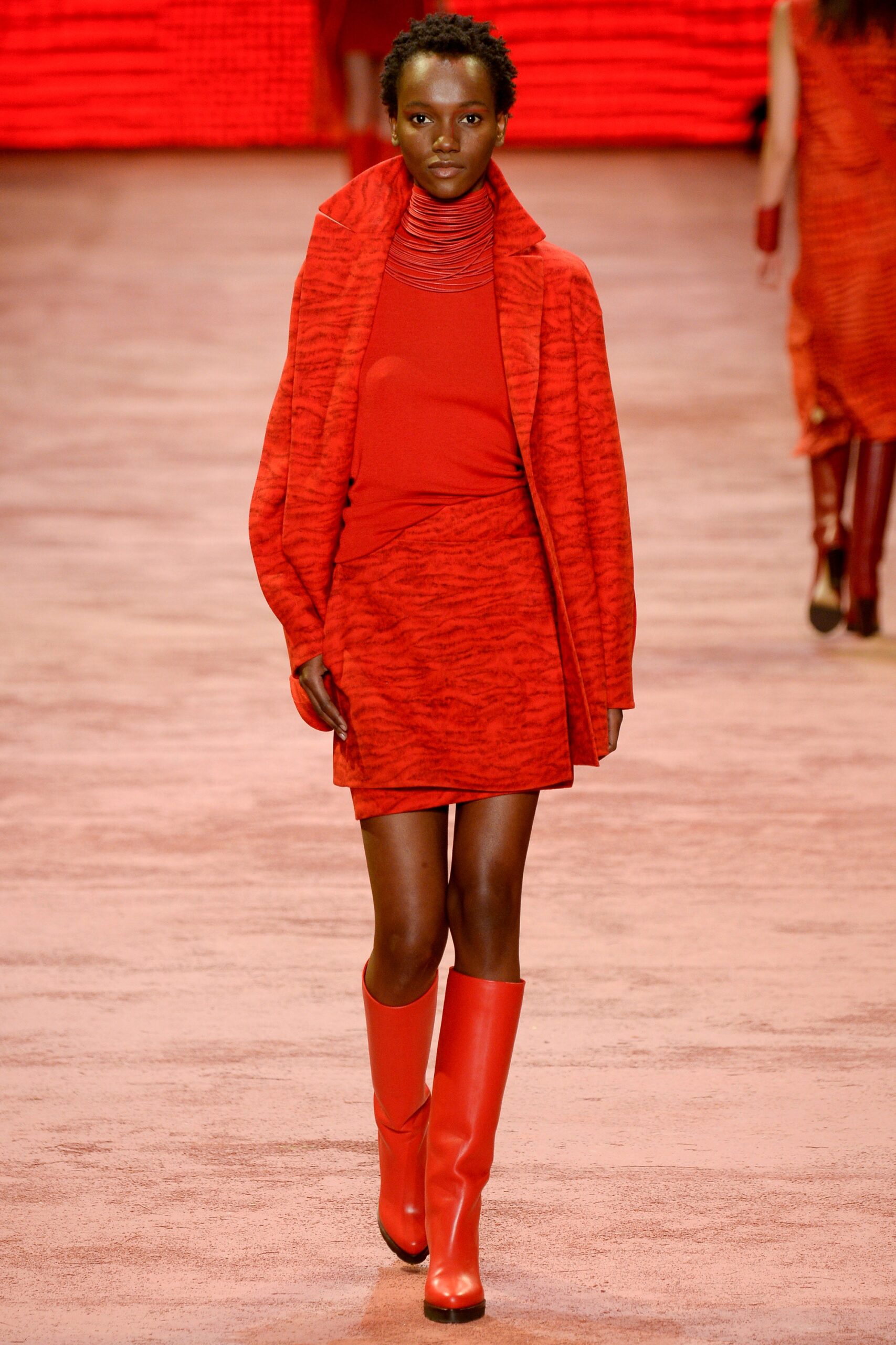 red cotton long-sleeve high-neck fitted textured top