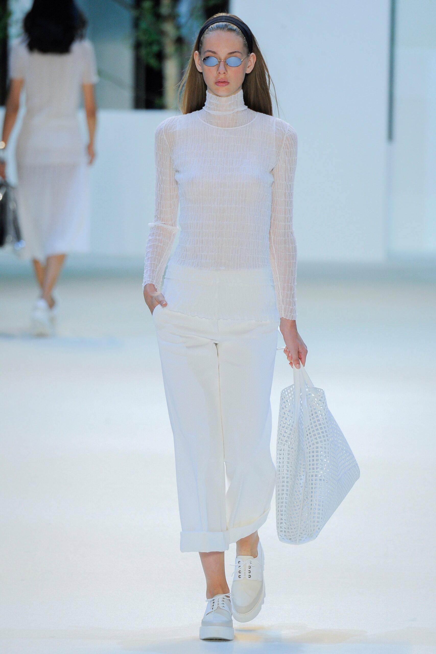 white fitted top with relaxed pants