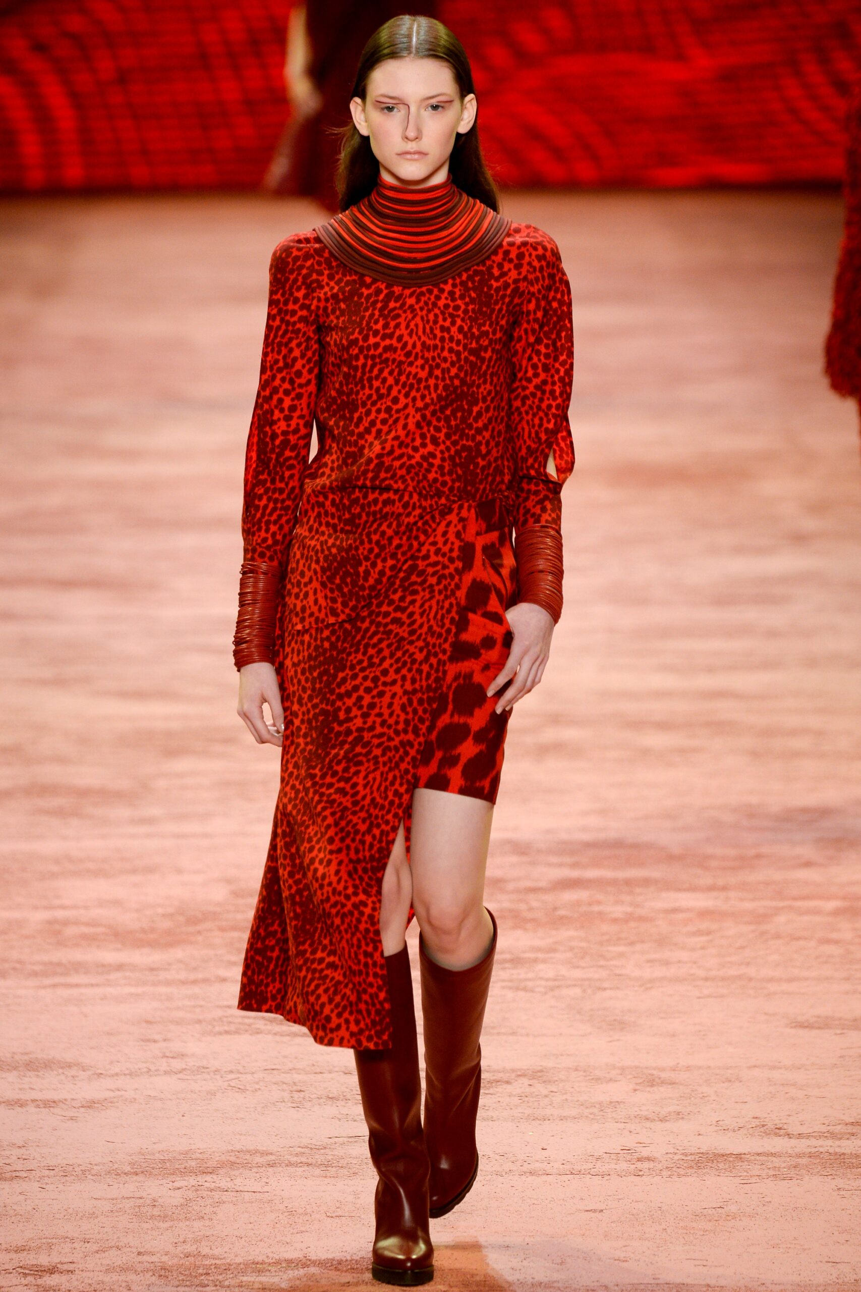 red long-sleeve v-neck fitted animal-print midi dress