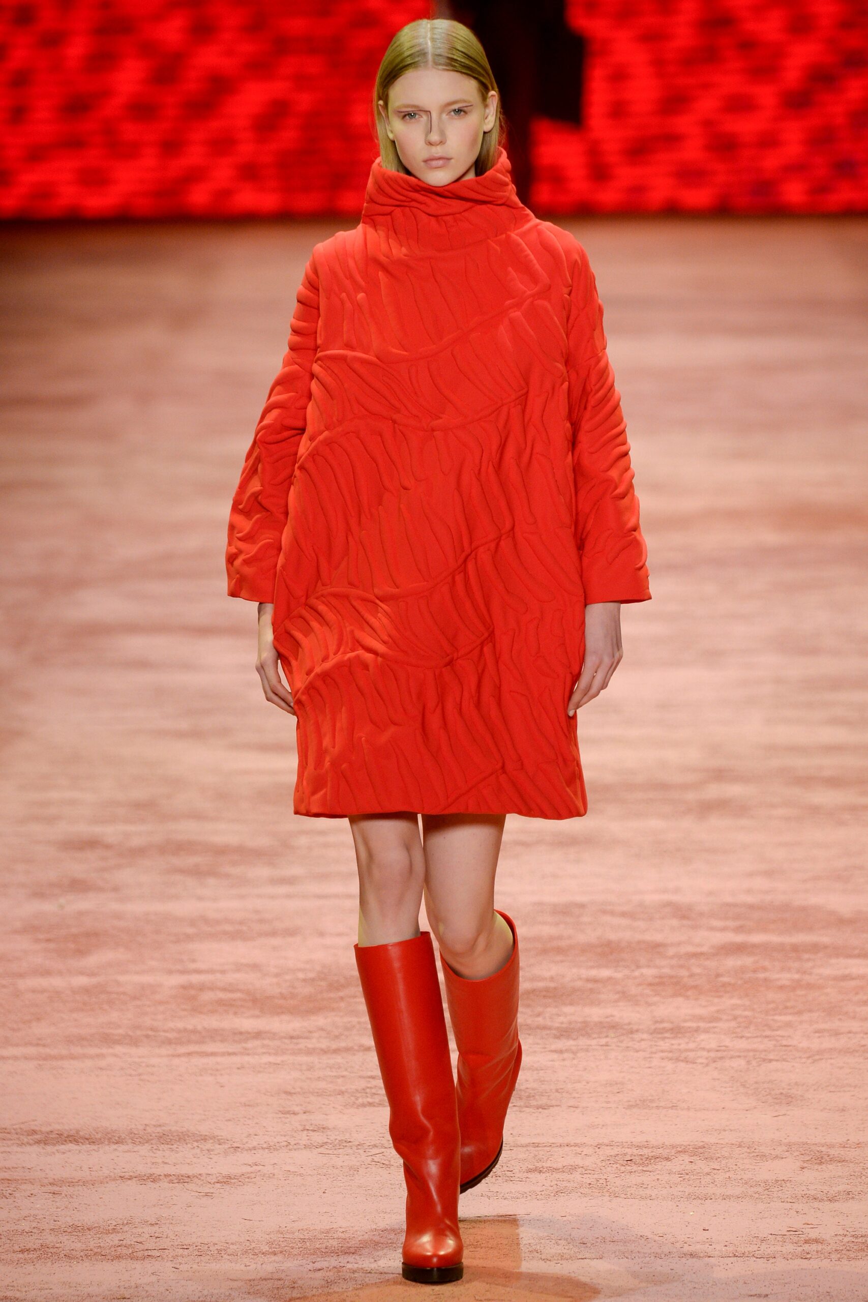 red cotton long-sleeve high-neck relaxed draped short dress