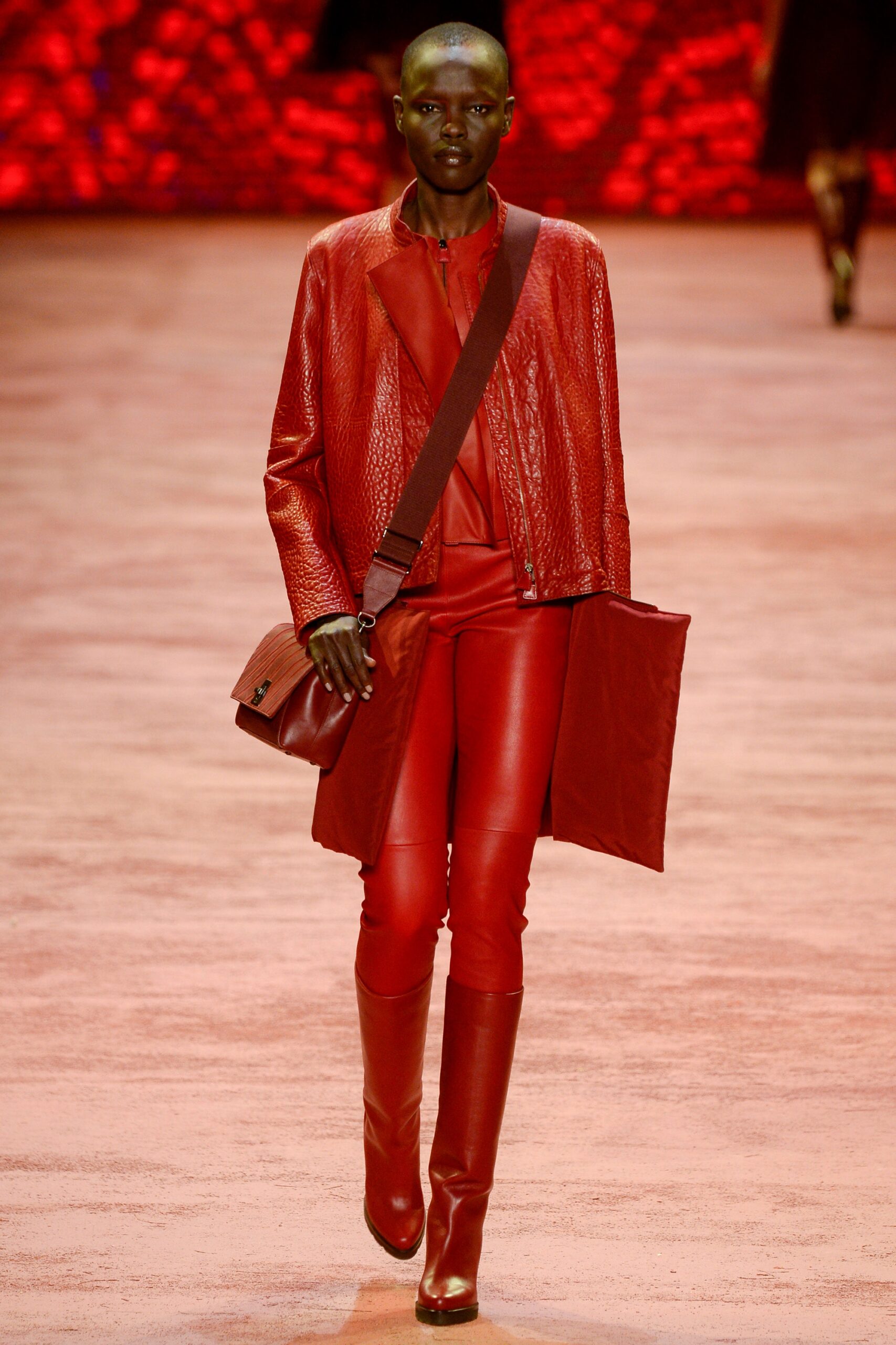 red leather fitted outfit