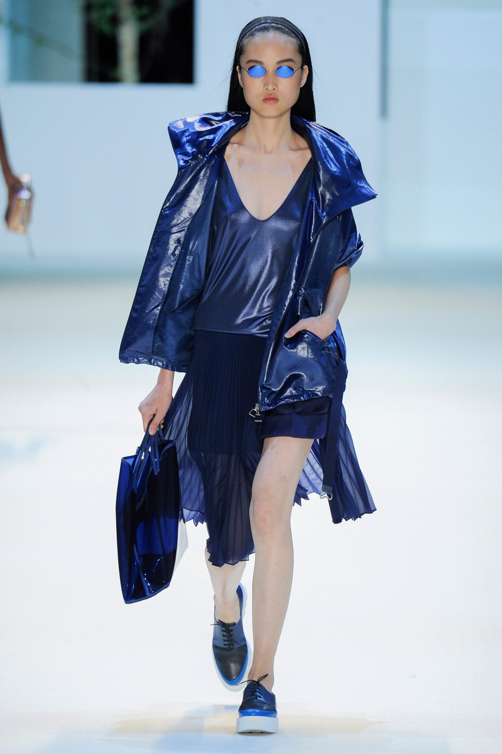 blue silk pleated dress with oversized jacket
