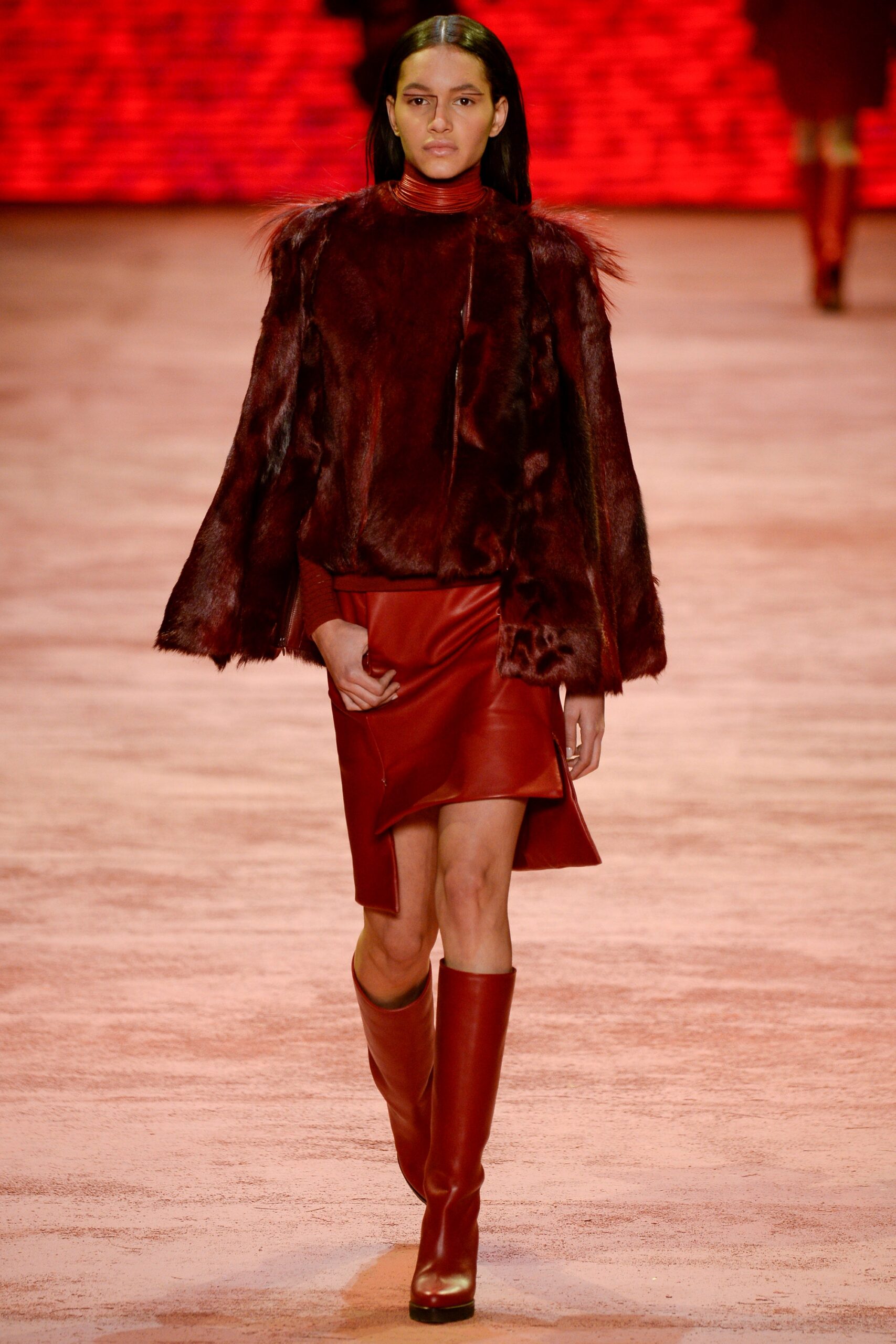 red leather asymmetric fitted zippered skirt