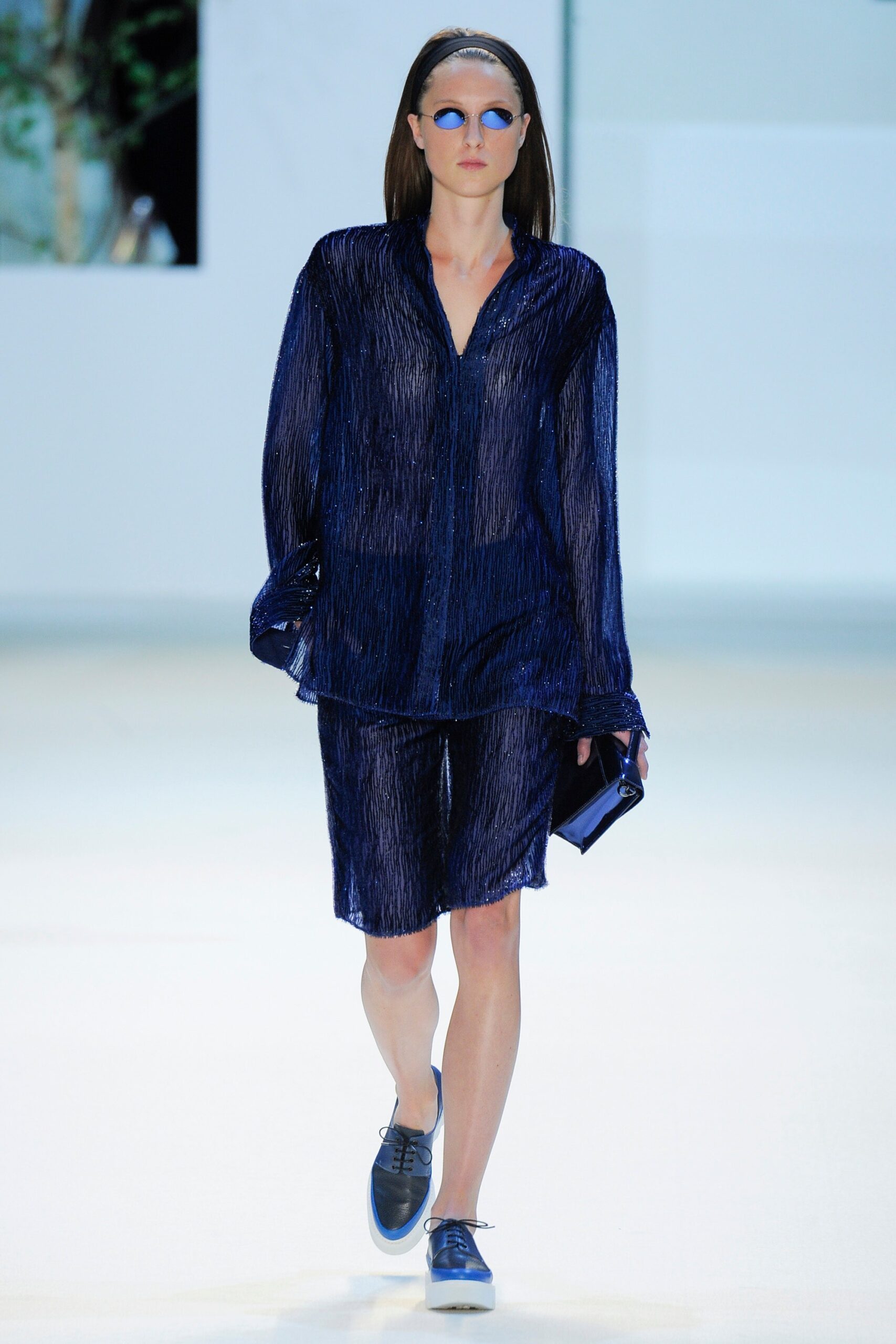 blue silk pleated shirt and shorts