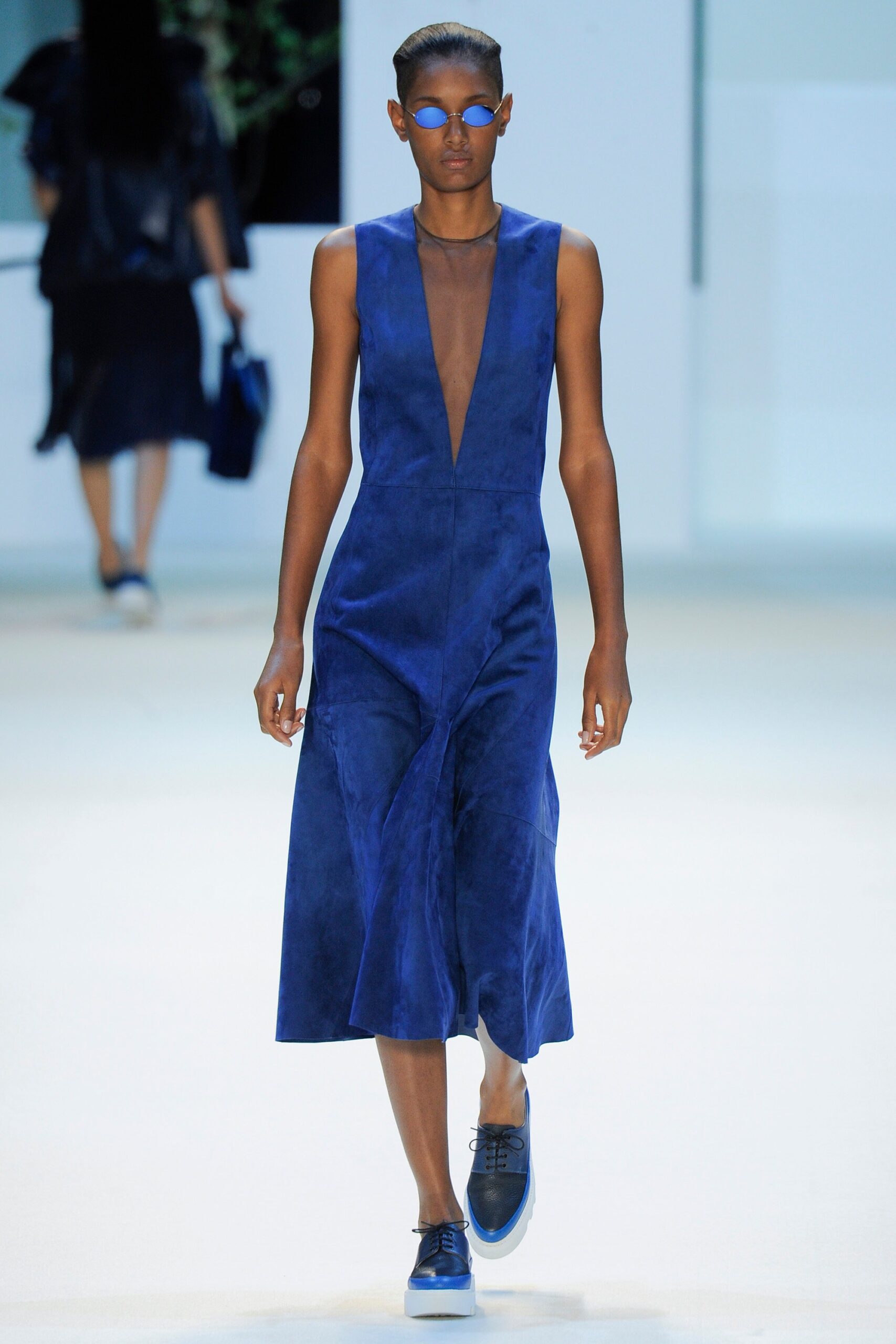 blue suede sleeveless dress