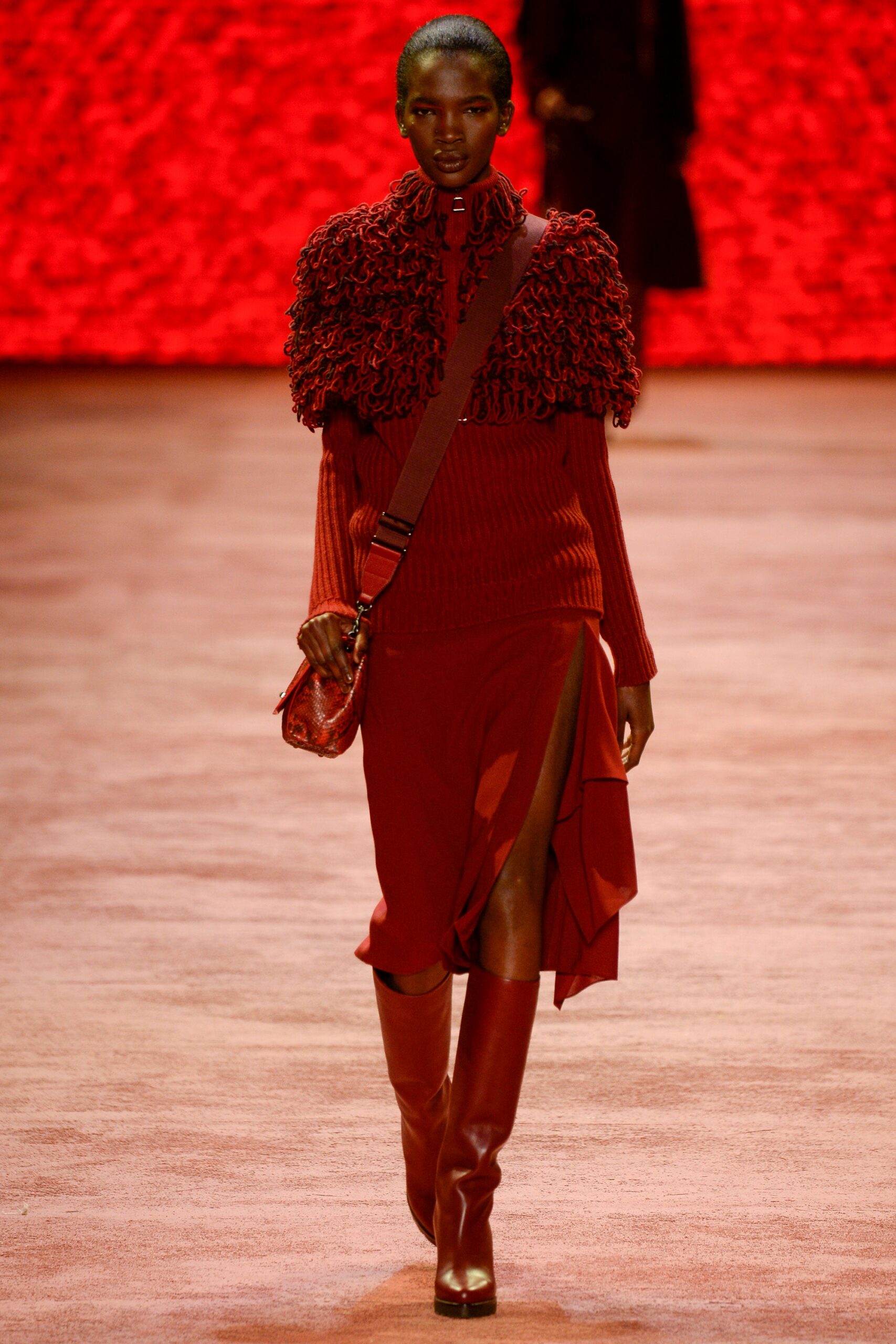 red wool long-sleeve high-neck fitted ruffled midi dress