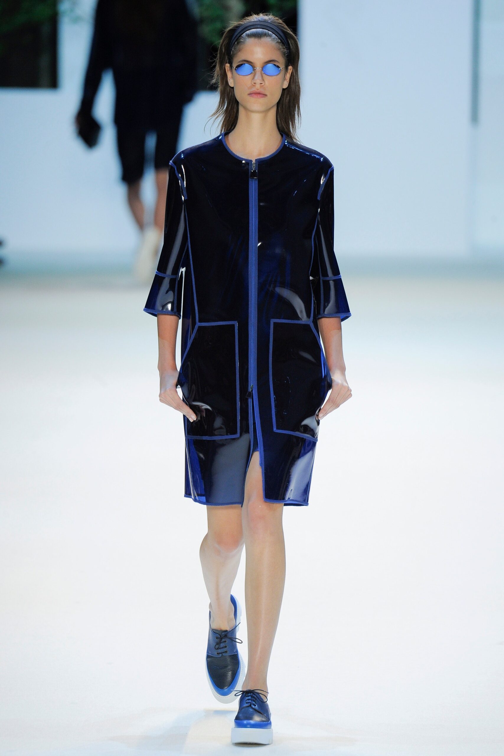 blue vinyl short-sleeve dress