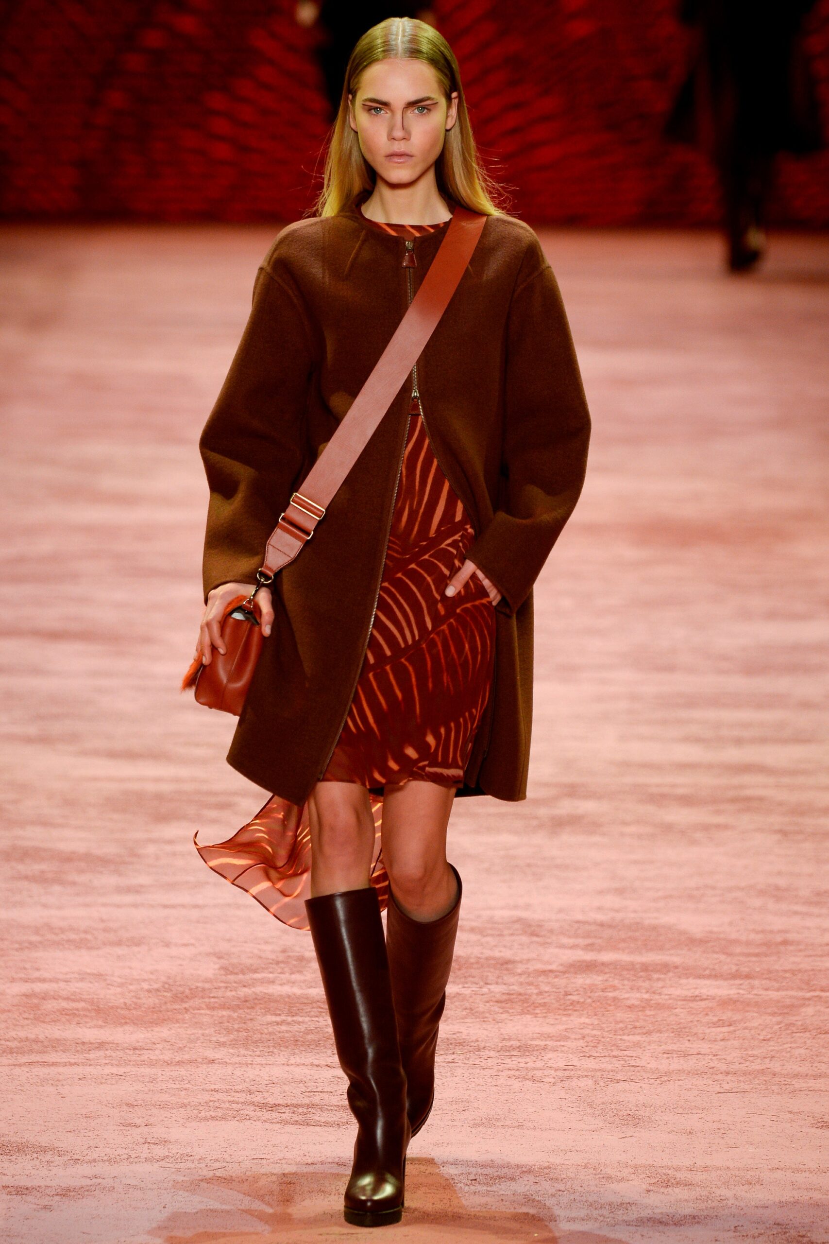 red printed midi dress with brown coat