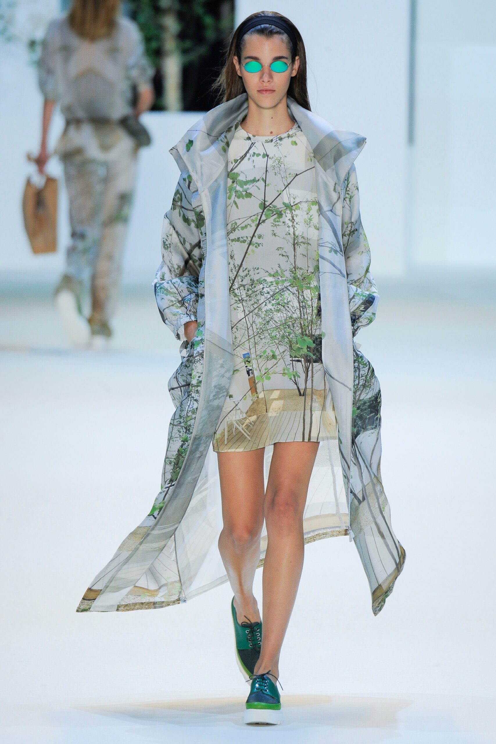gray silk coat with printed dress