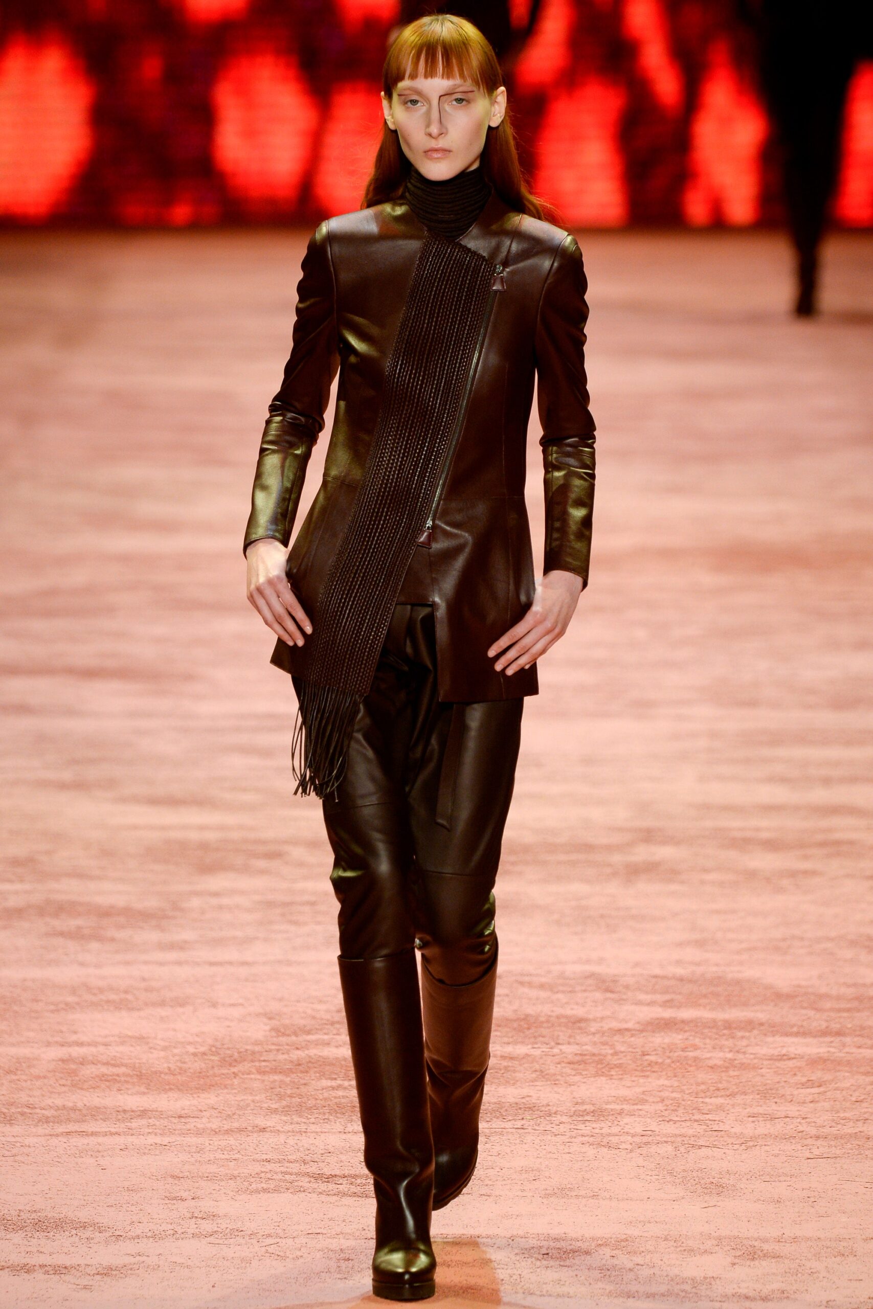brown leather long-sleeve collared fitted zippered fringed jacket