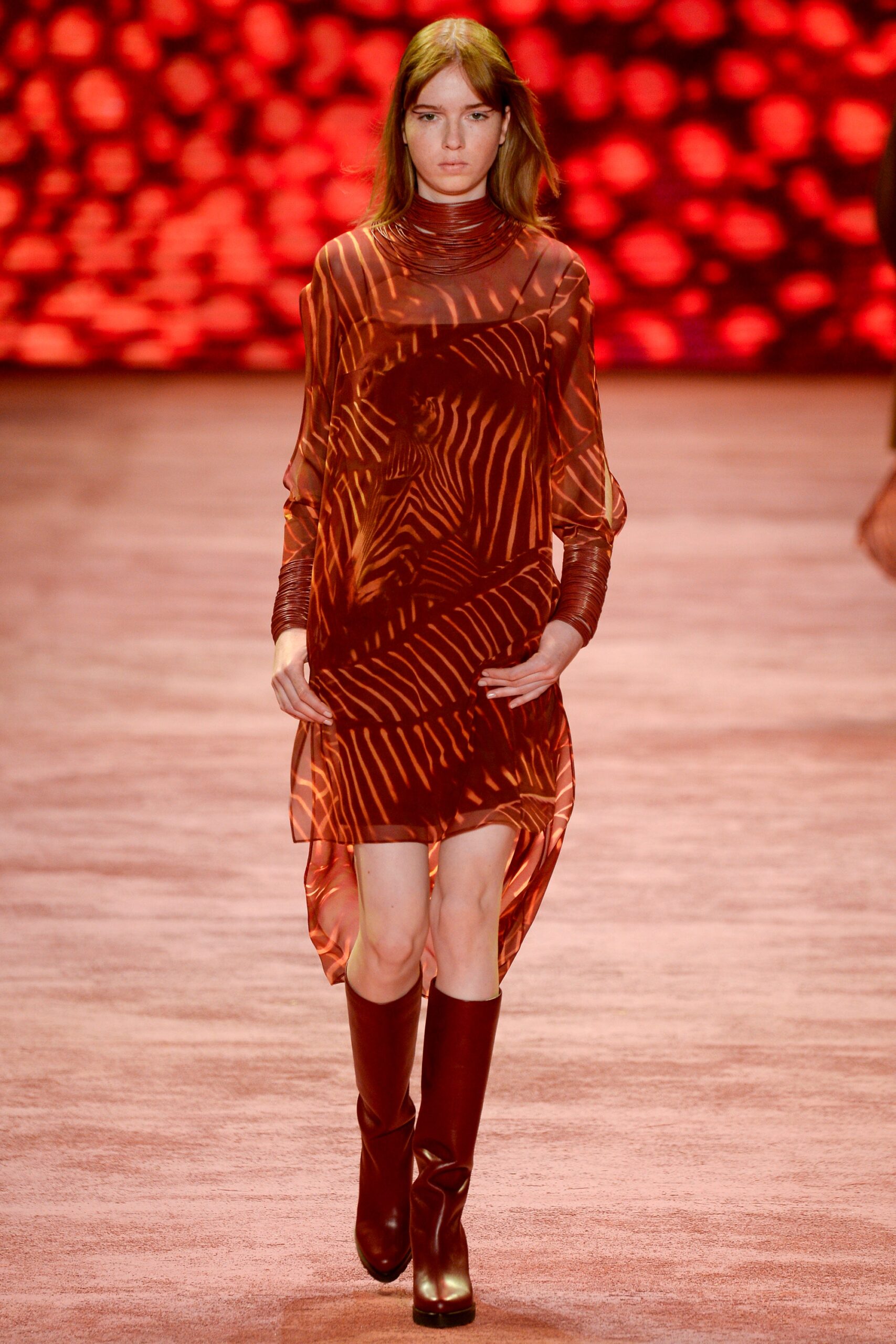 red silk long-sleeve high-neck fitted draped sheer dress