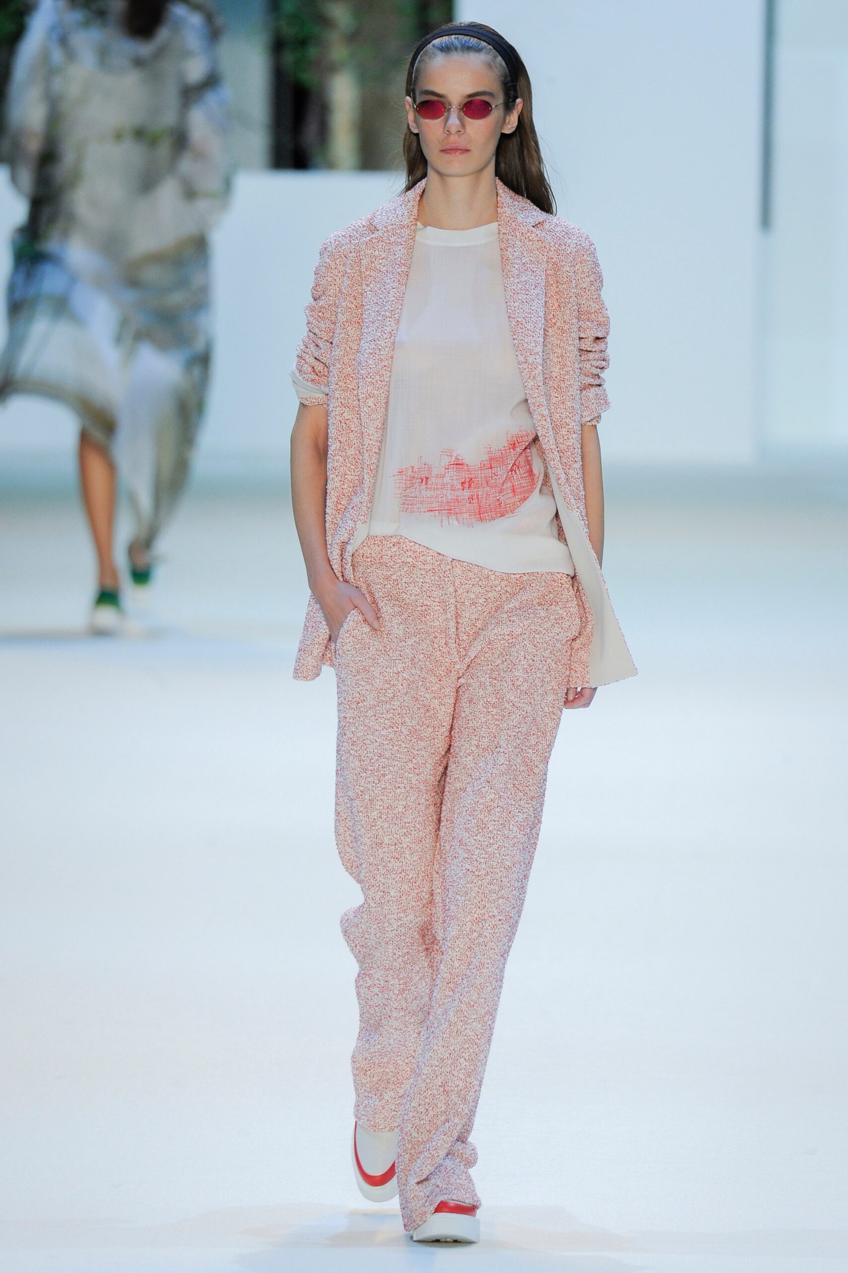 pink tailored blazer with relaxed pants