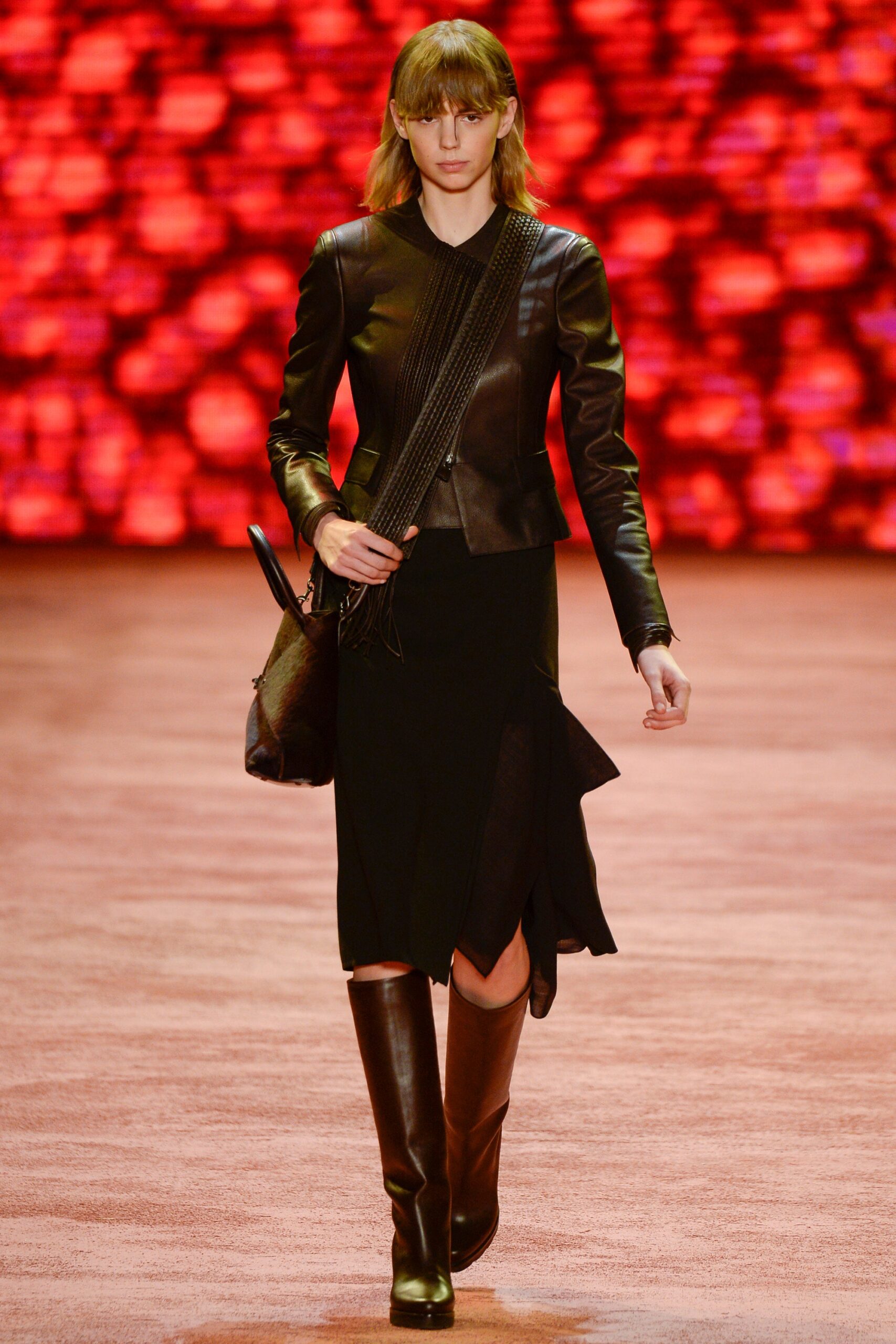 black leather long-sleeve collared fitted zippered jacket