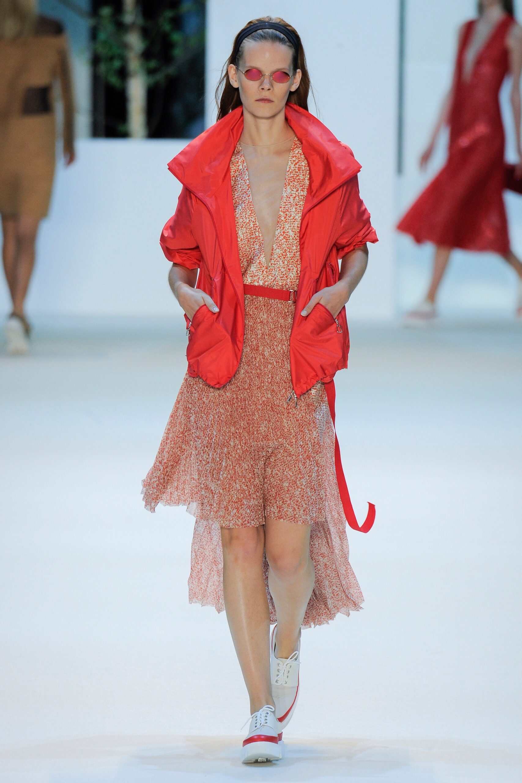 red tiered midi dress with oversized jacket