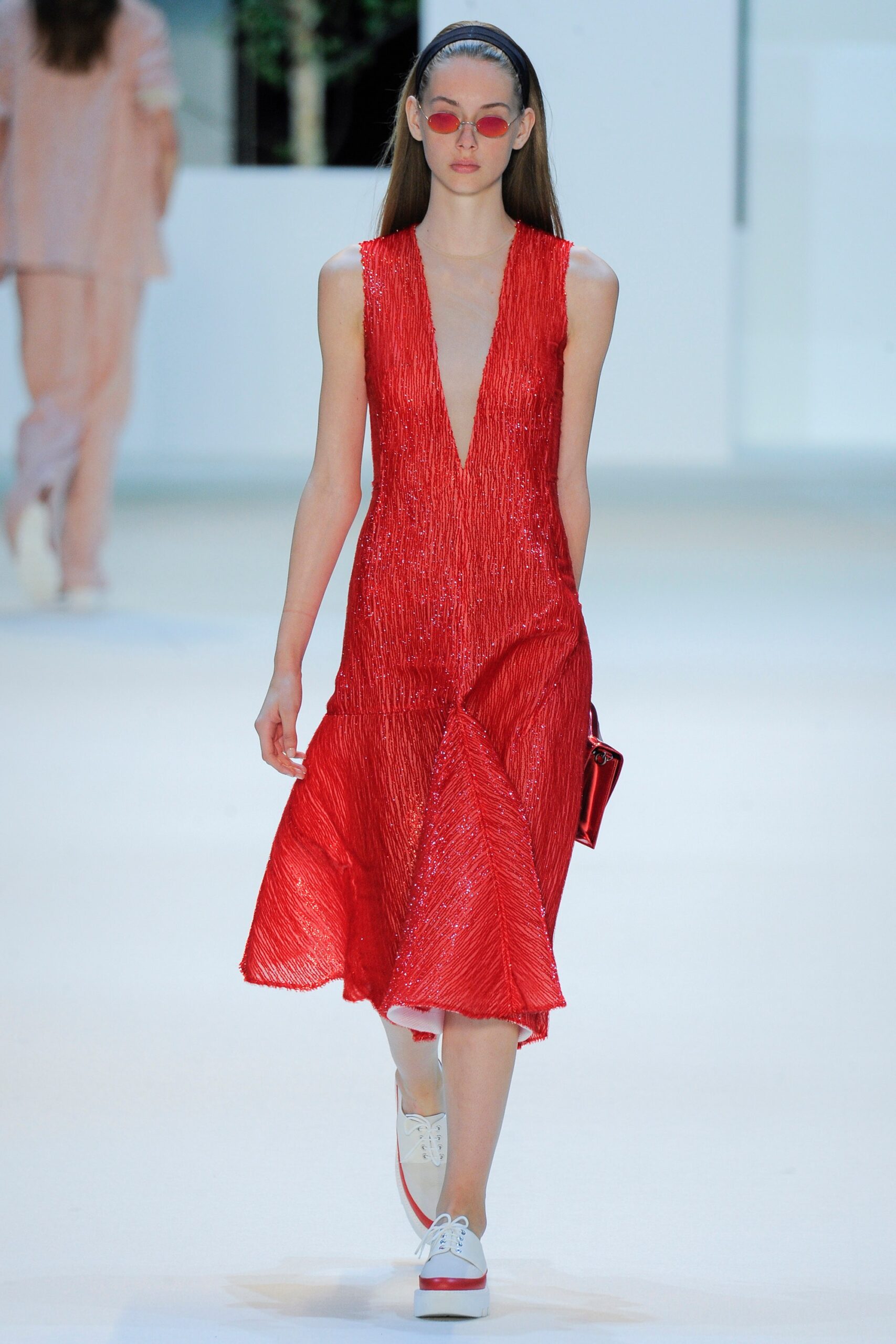 fitted red pleated midi dress